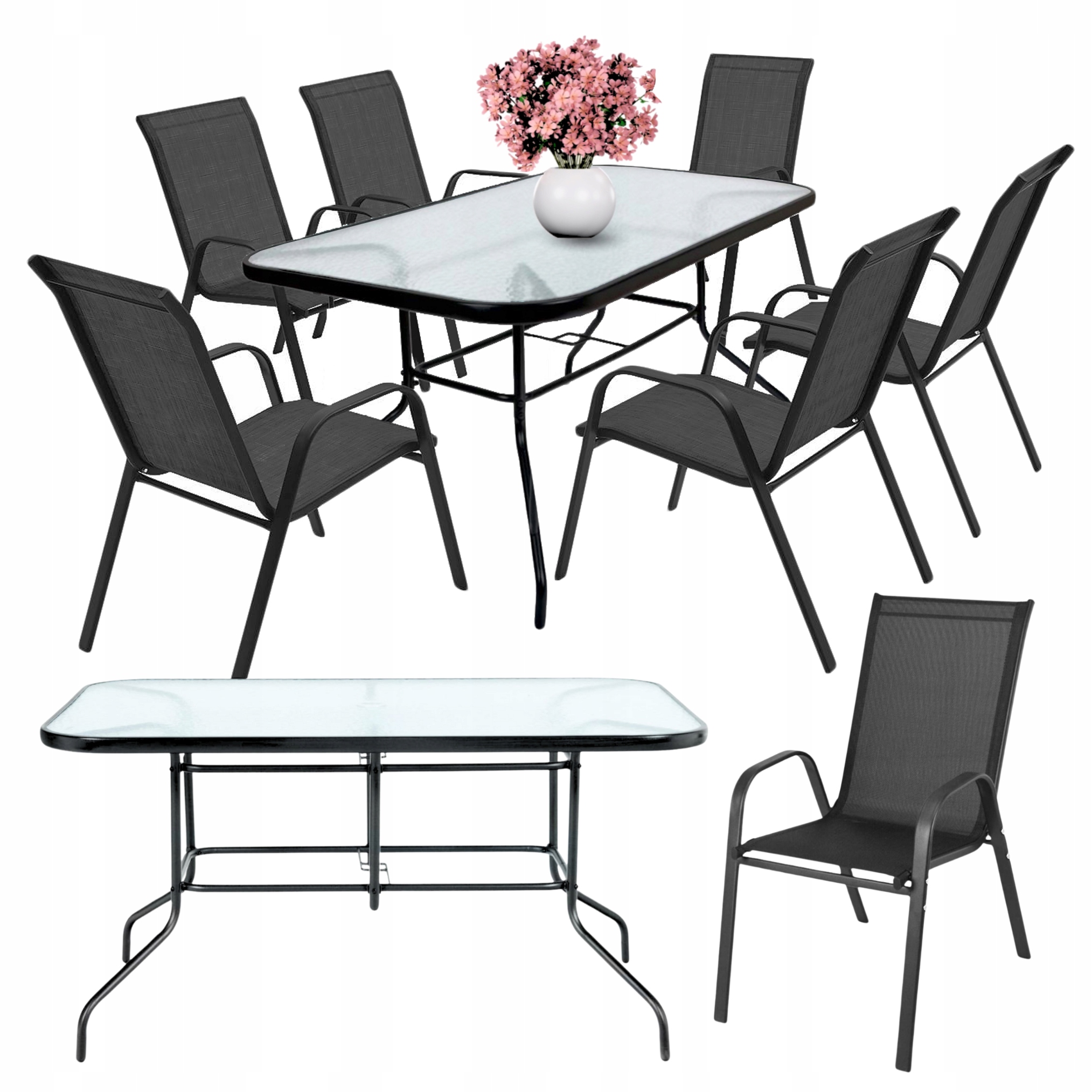 Meble ogrodowe stół duży ogrodowy szklany krzesło metalowe czarne 6 szt