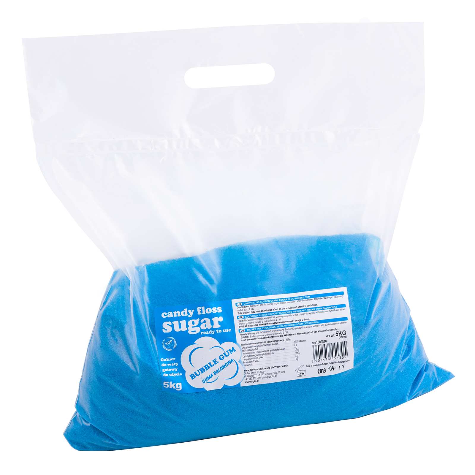 Cukier do waty cukrowej niebieski o smaku gumy balonowej 5 kg