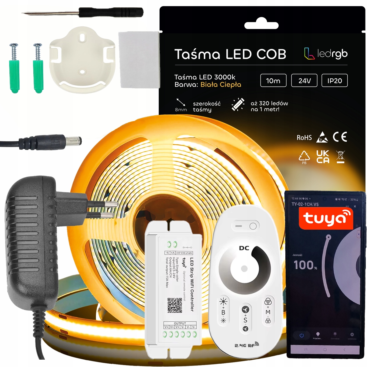 Sada Led pásků Cob 24V 10 m 3000K Bílá C. Zásuvkový Napájecí Zdroj Tuya Dálkový Ovladač