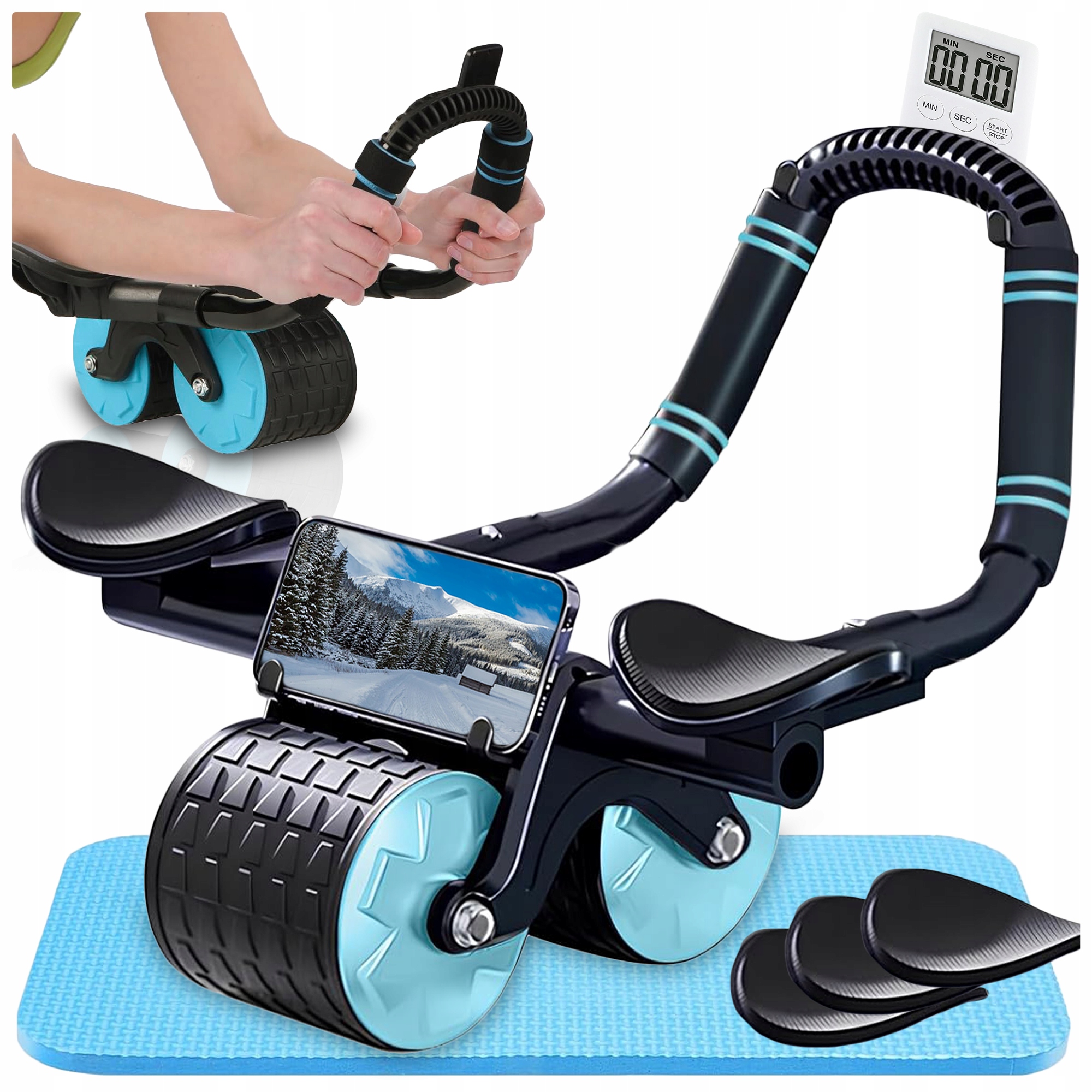 Trenażer Mięśni Brzucha Roller Z Podpórką Kółko Fitness Pilates Timer +mata