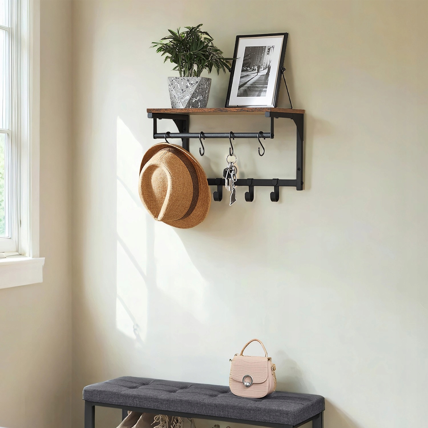 Nástěnná police s věšáky 40x24x24 cm Hnědo-černá Loft