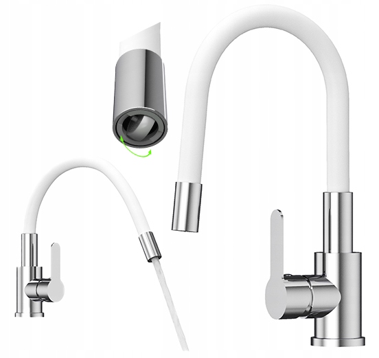 Kuchynská batéria Grado Plus s flexibilným výtokom, biela, otočný perlátor