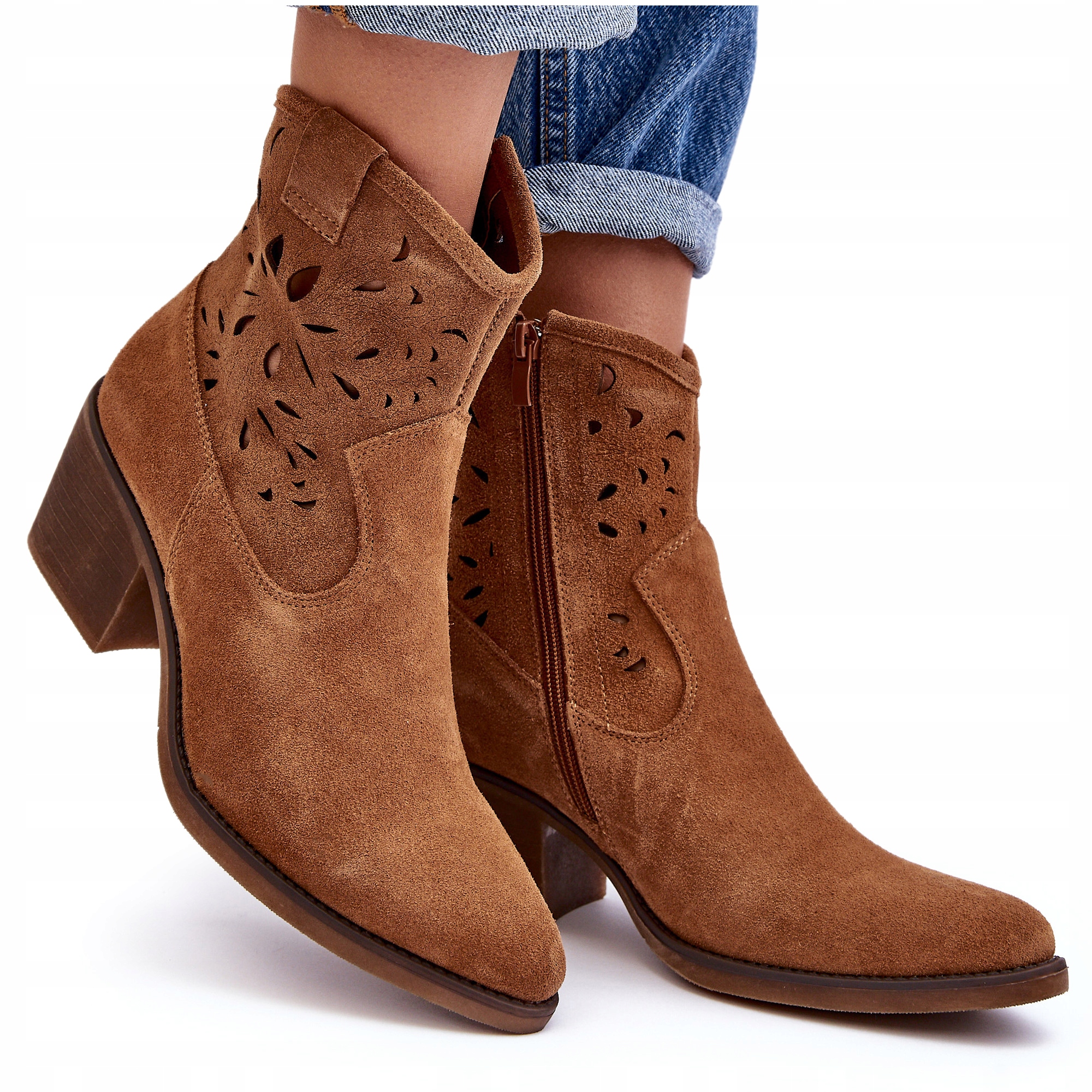 Botki Kowbojki Zamsz Ażurowe D&a SN622-20 Camel 36