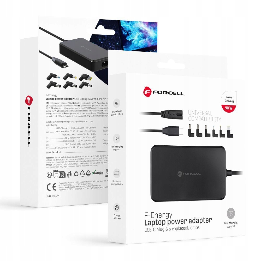 Univerzální napájecí adaptér pro notebook 90W Forcell F-Energy Usb C 6 koncovek E856