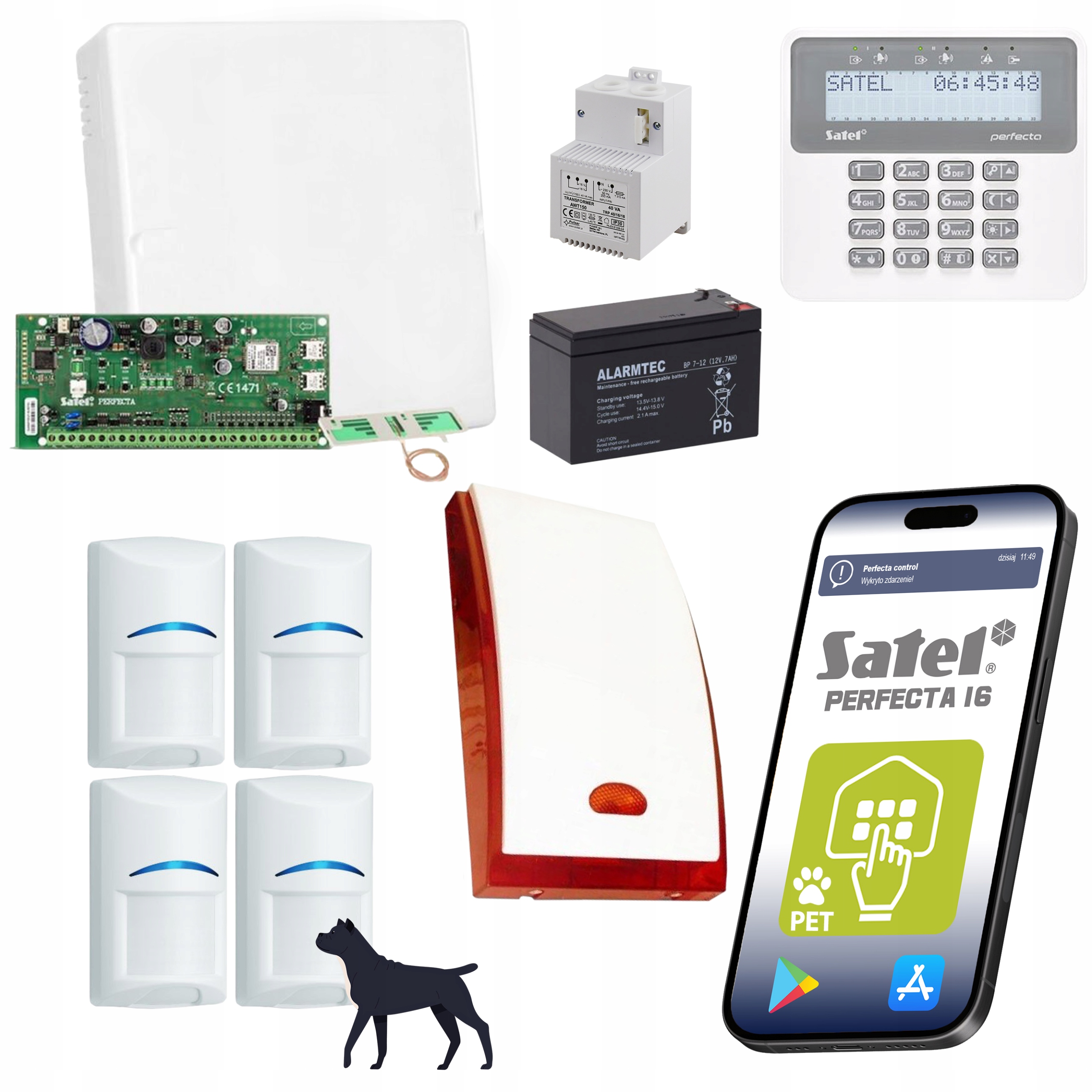 КОМПЛЕКТ СИГНАЛИЗАЦИИ SATEL PERFECTA GPRS GSM 4 ДЕТЕКТОРЫ BOSCH ДЛЯ ДОМАШНИХ ЖИВОТНЫХ