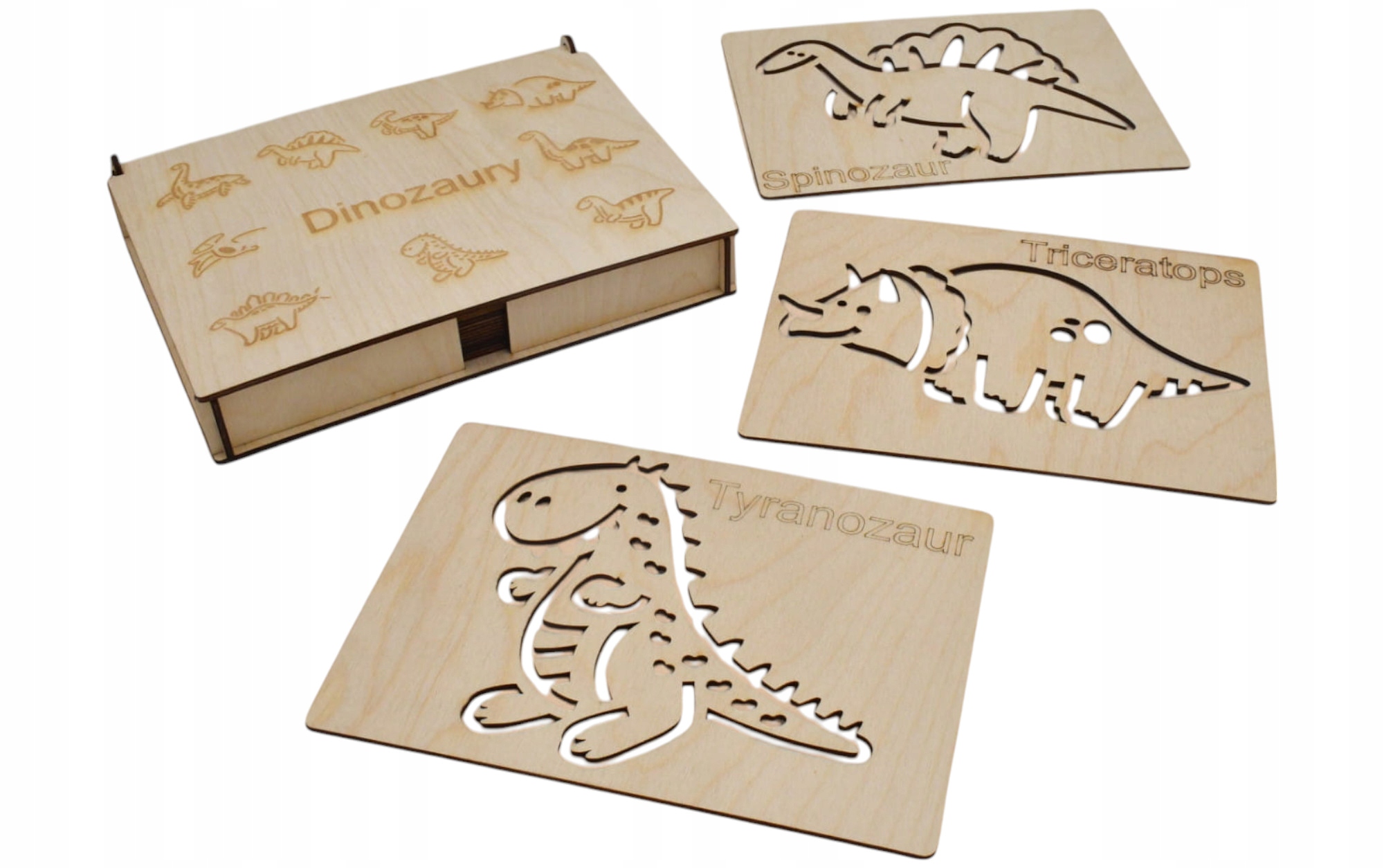 Sada Montessori šablon „Dinosauři“ – 9 vzorů v dřevěné krabičce