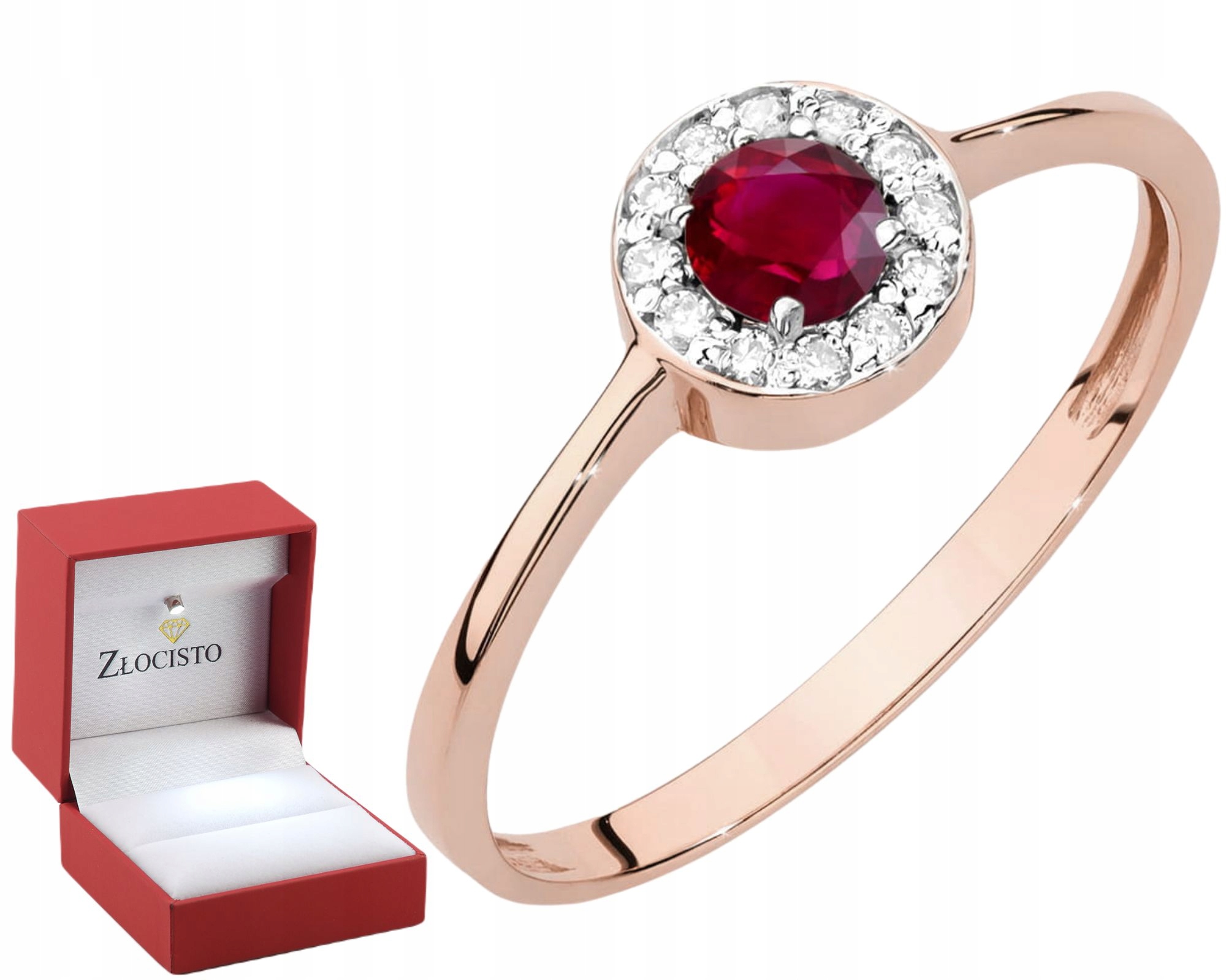 Růžové Zlato Prstýnek S Červeným Rubínem A Brilianty, Zlato 585 14K