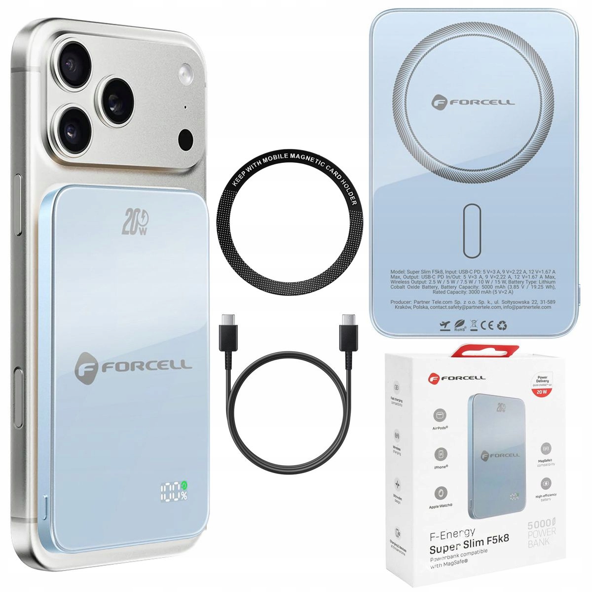 Magnetická powerbanka 20W s MagSafe 15W QC4.0 PD3.0 5000mAh Modrá