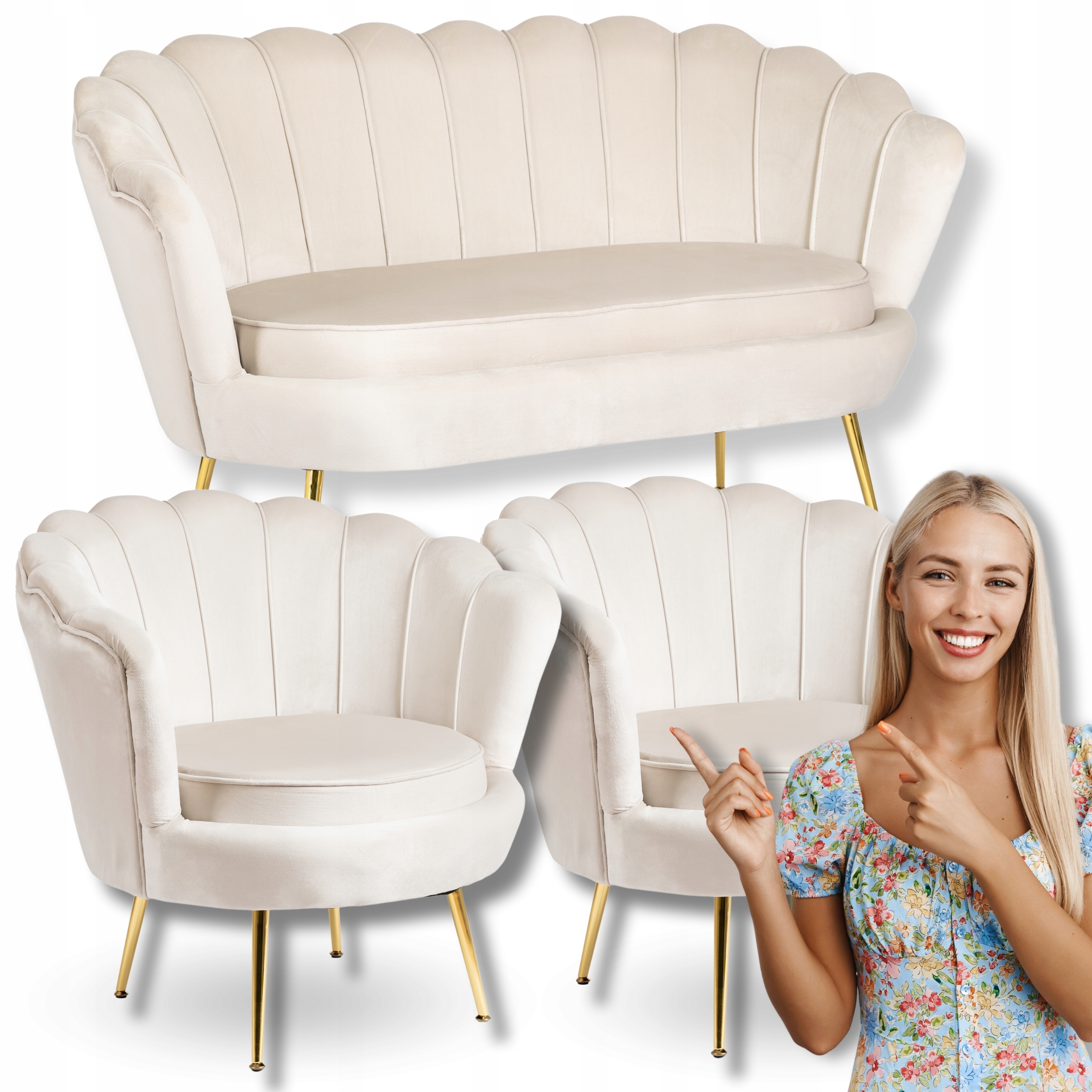 Sada krémové pohovky a 2 křesel Muszelka Sedací nábytek Glamour Zlatá