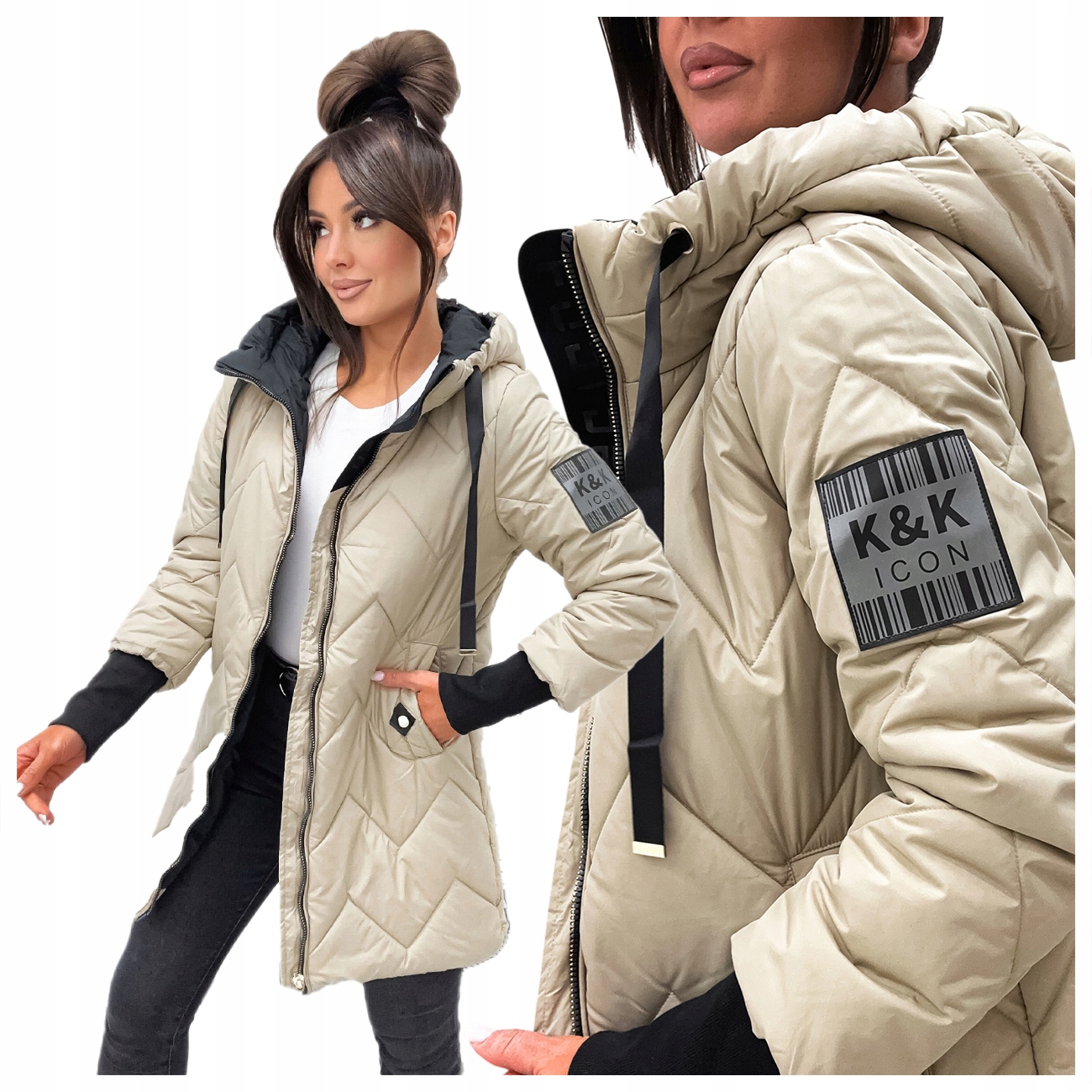Kurtka Wiosenna Damska Przejsciowa Parka Z Kapturem Beżowa 0806 Rozmiar XL