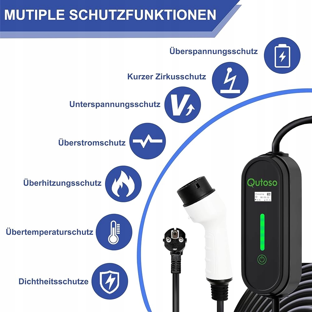 Mobilna Ładowarka EV Typ 2 6m 230V 3,6kW LCD Regulacja 8A / 16A Qutoso Kod producenta 7586429g