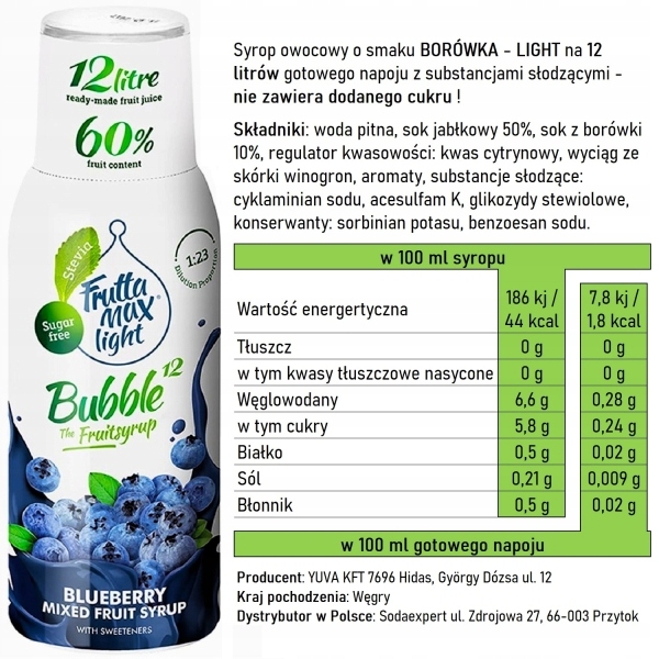 Syrop do saturatora Soda FruttaMax BORÓWKA LIGHT 500 ml na 12 l Kod producenta 7601489985715