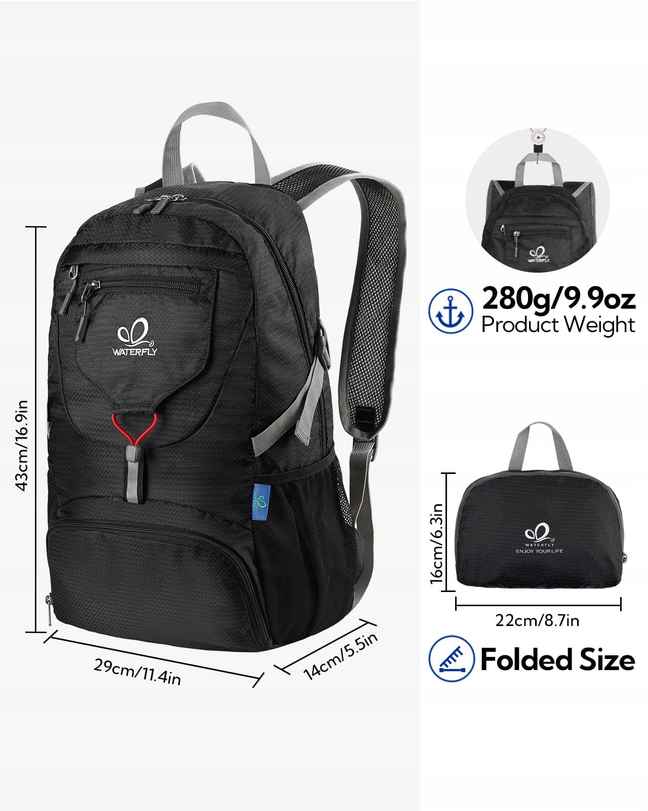 WATERFLY Ultralekki Składany Plecak 20L Turystyczny Dla Mężczyzn i Kobiet — miniatura 3