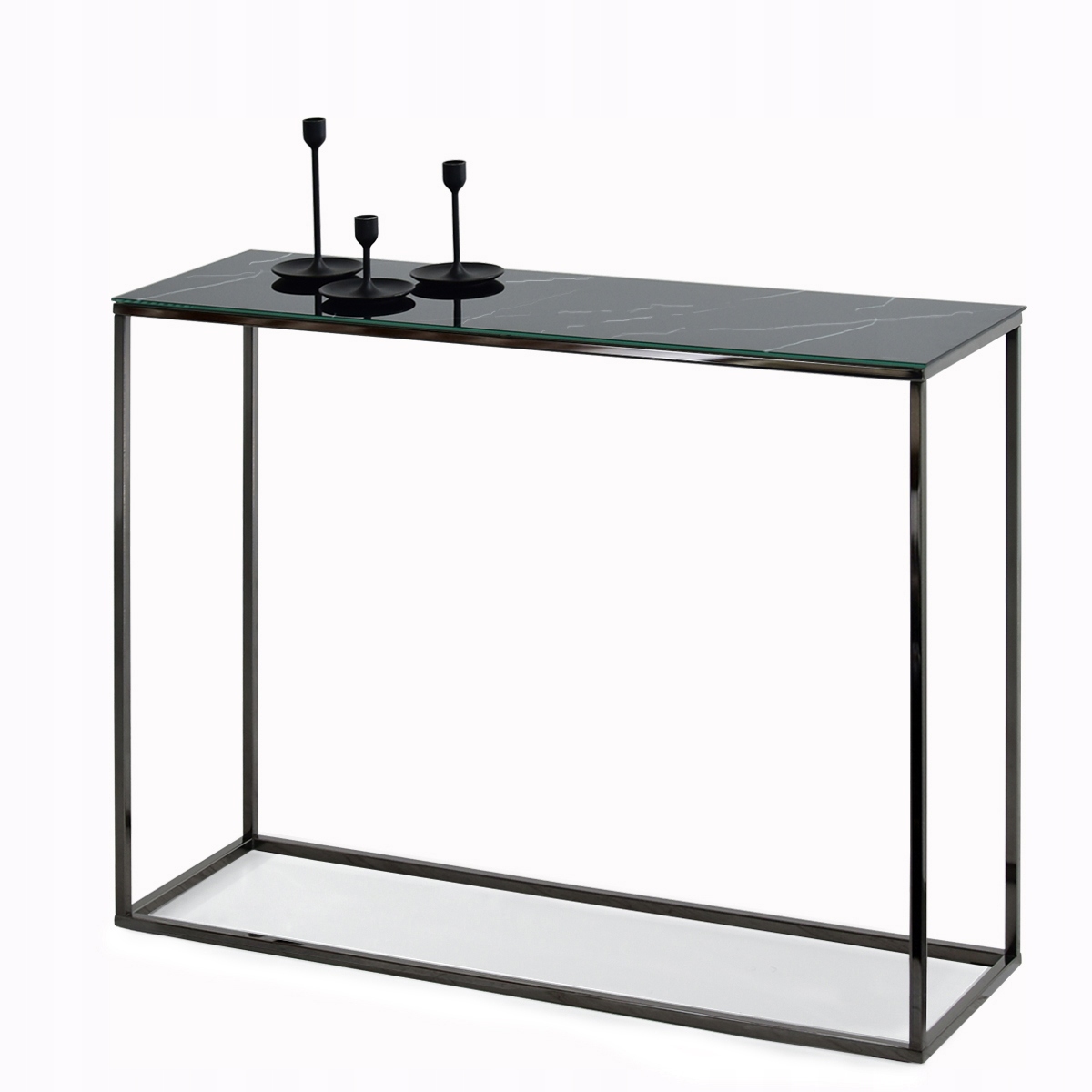 ELEGANCKA PROSTA KONSOLA 100CM BALI CZARNY POŁYSK BLAT SZKŁO MARMUR GLAMOUR