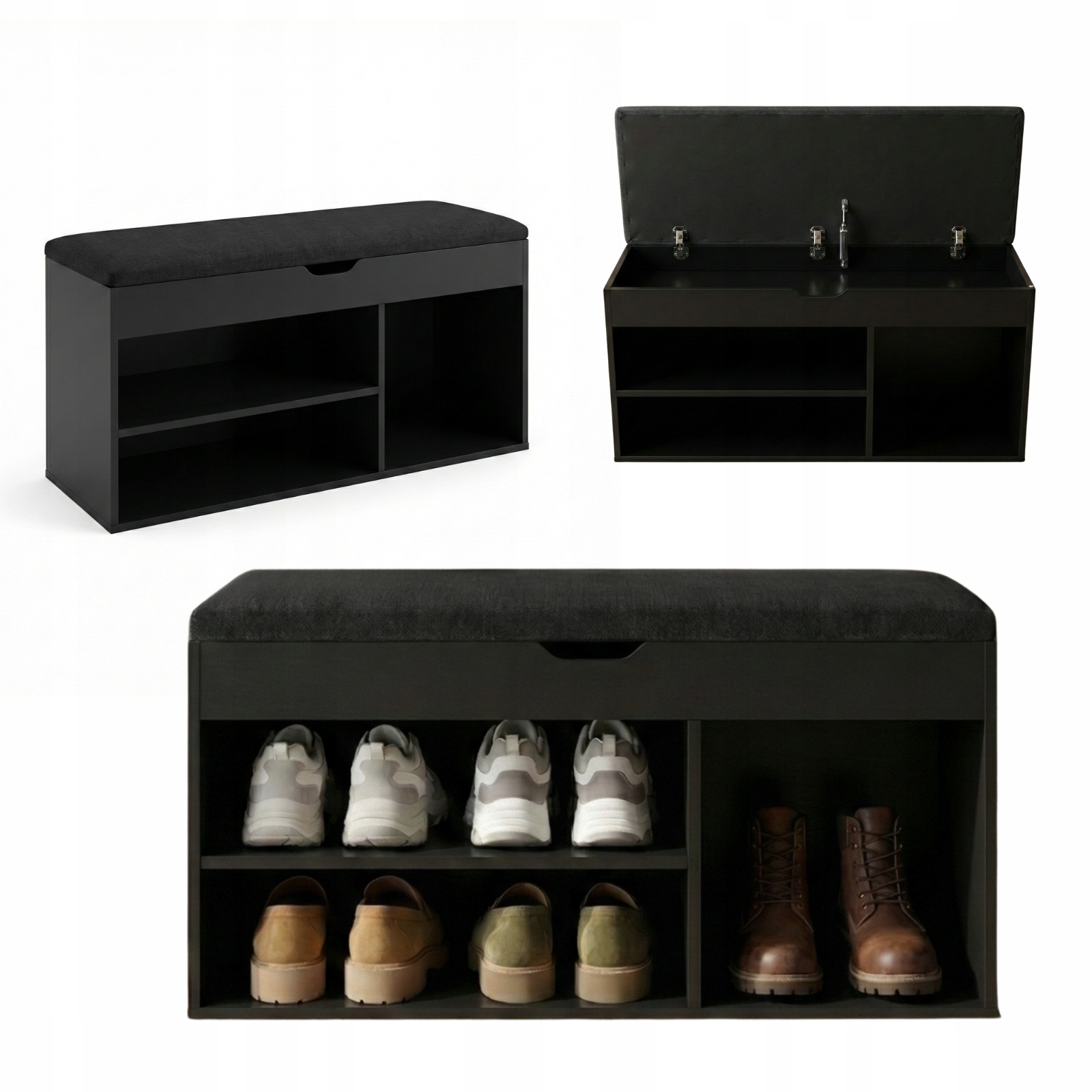 Botník S Mdf Sedákem 80 CM Černá 3 Police Regál Do Předsíně