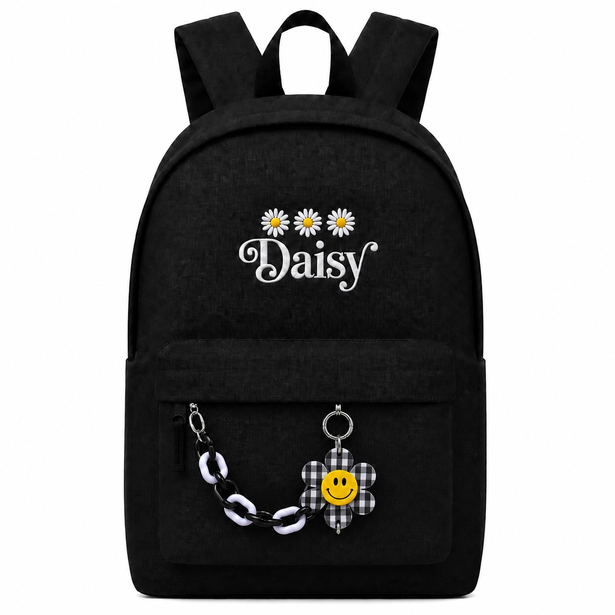 Plecak Czarny z Haftem Daisy Brelok Stokrotki Aesthetic Miejski Premium
