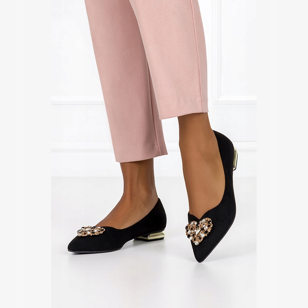 BALERINY DAMSKIE Z OZDOBĄ NA NISKIM OZDOBNYM OBCASIE SKÓRZANA WKŁADKA r 36 Rozmiar 36