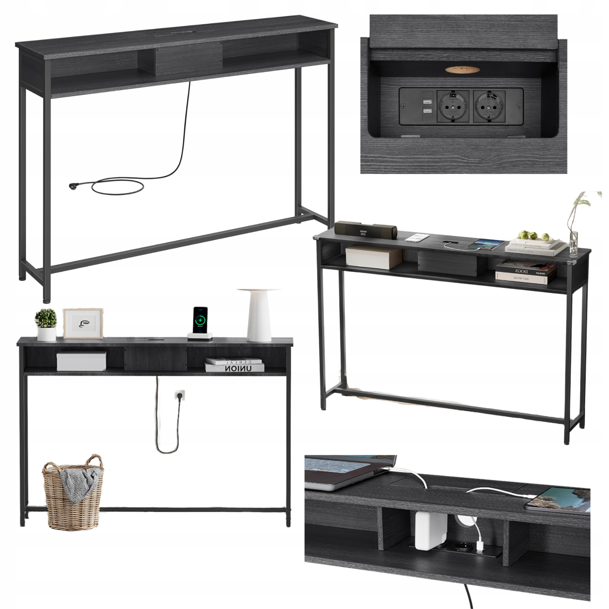 Konzola do predsiene s zásuvkami 230 V Usb Úzky napájací stolík Loft