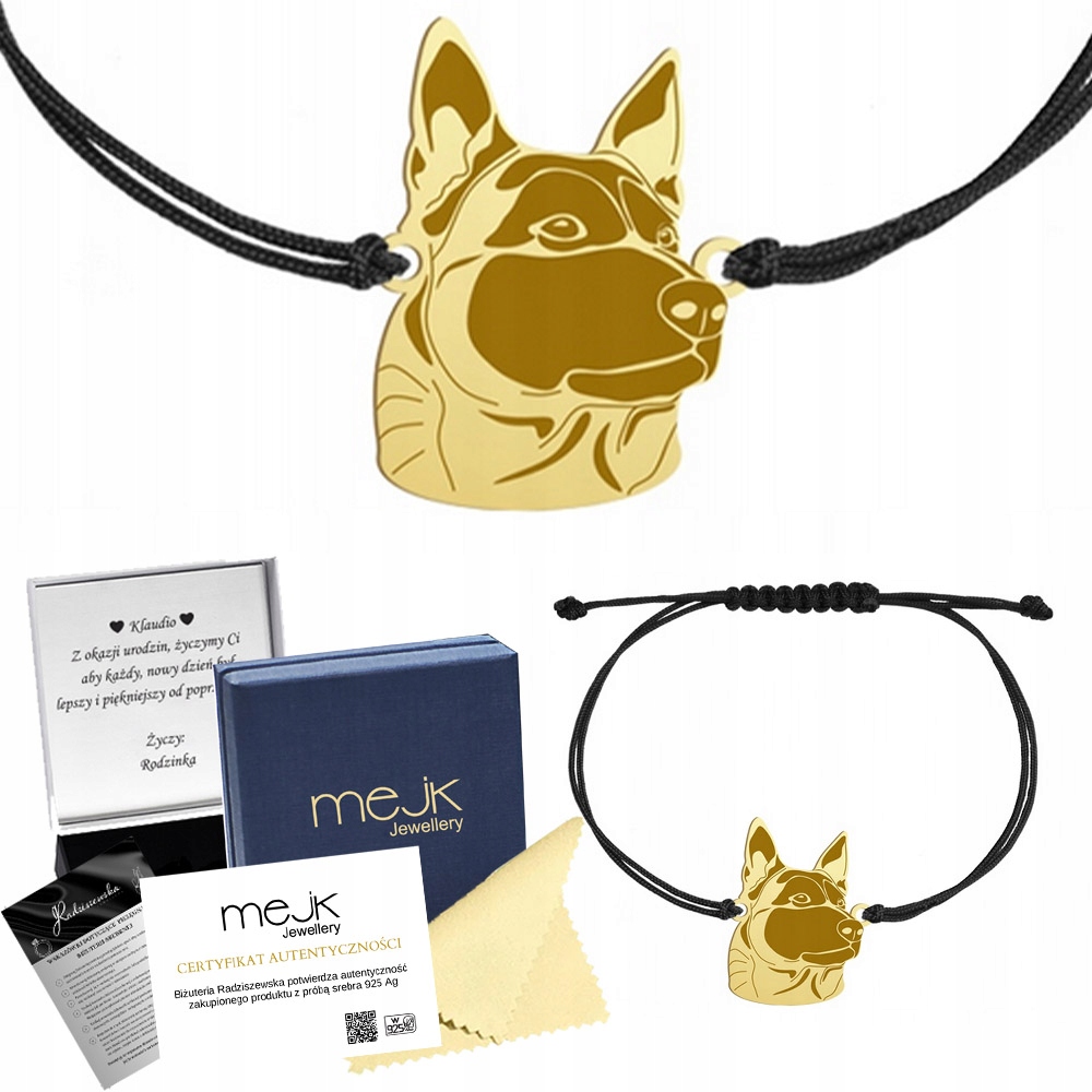 Zlatý náramek s psem Malinois šňůrkou 925 Šperky Dárek Gravírování