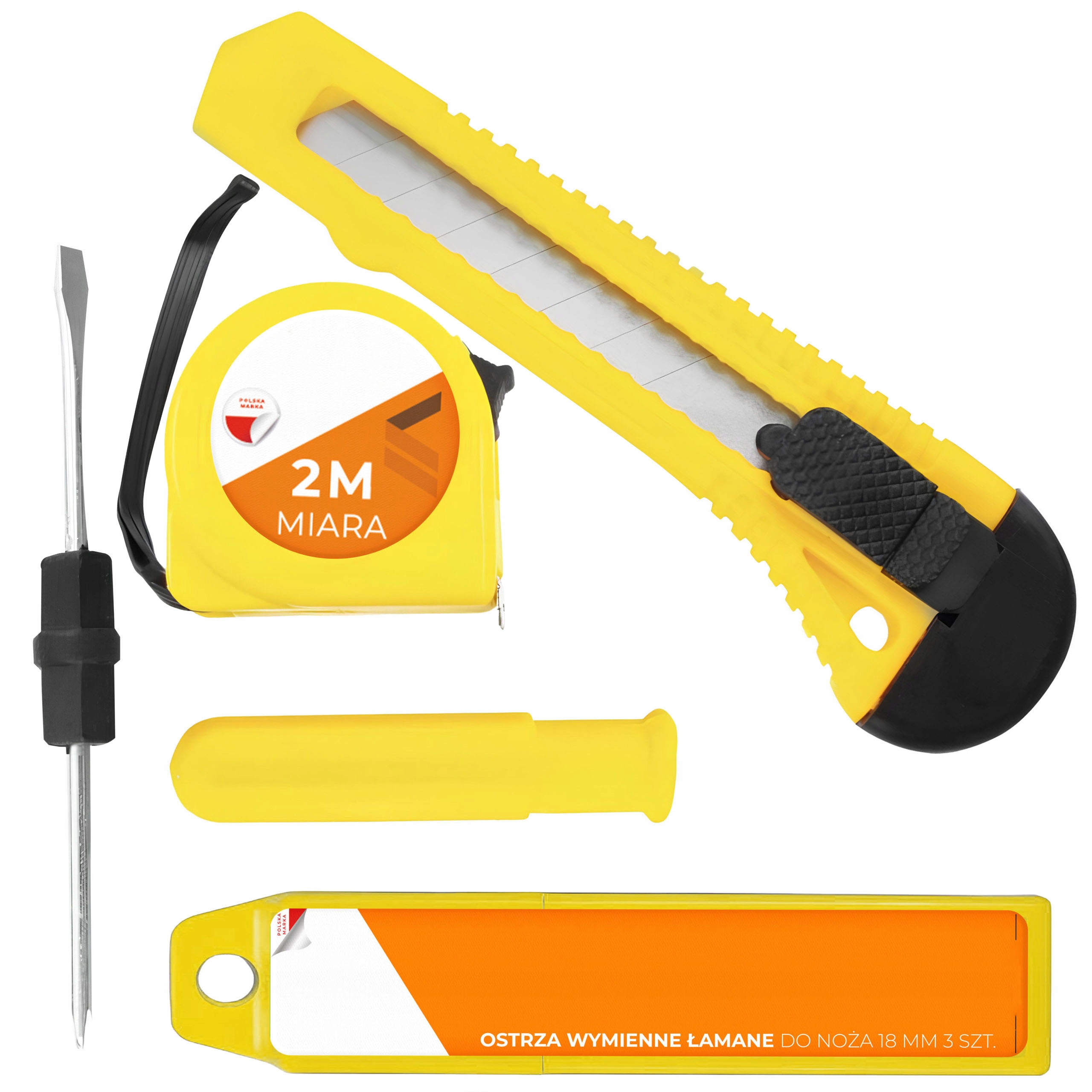 ZESTAW NARZĘDZIOWY śrubokręt miara tapeciak nóż do tapet ostrze do noża x3