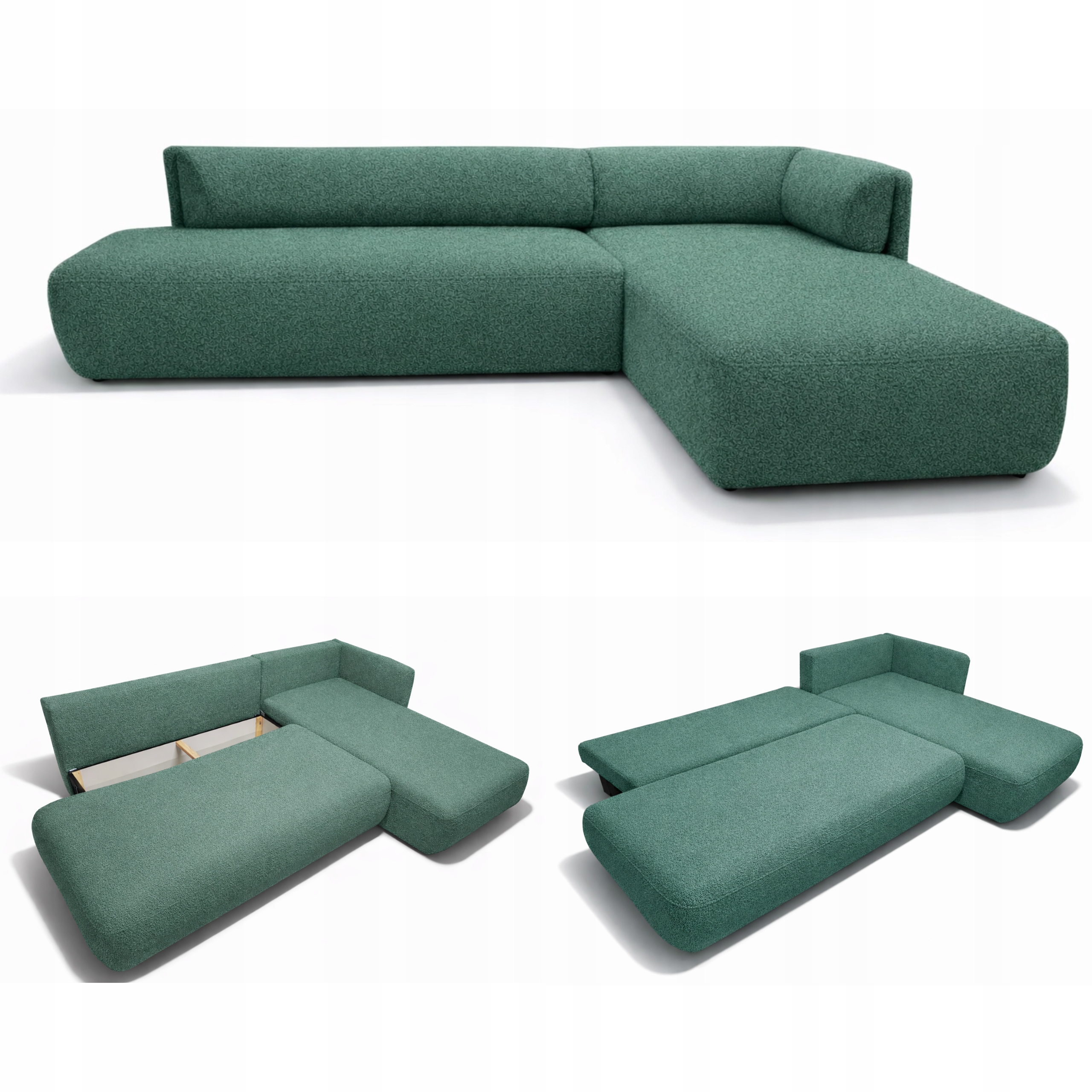 Moderní Rozkládací Rohová Sedací Souprava S Funkcí Spaní Cloud Mořská Zeleň Boucle