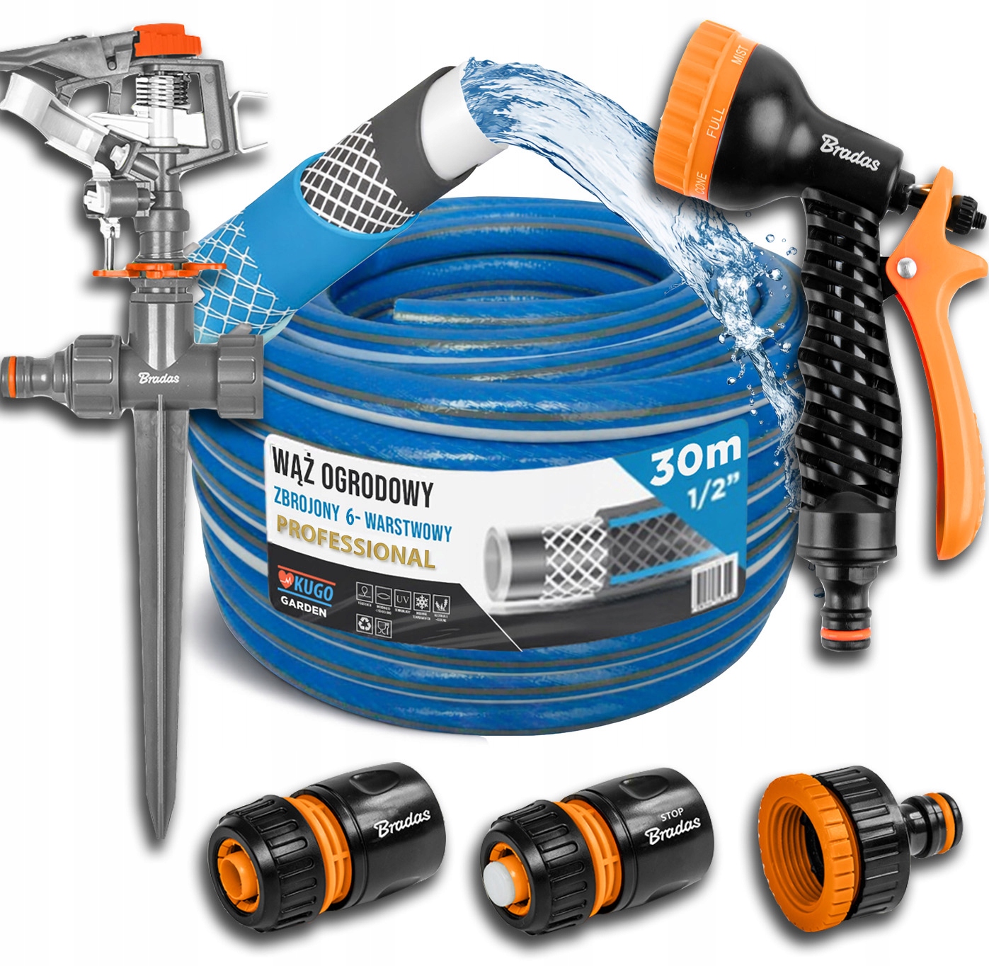 Hadice 1/2" 30 m 6 Vrstev Pistole Zavlažovač Set Bradas 36 bar