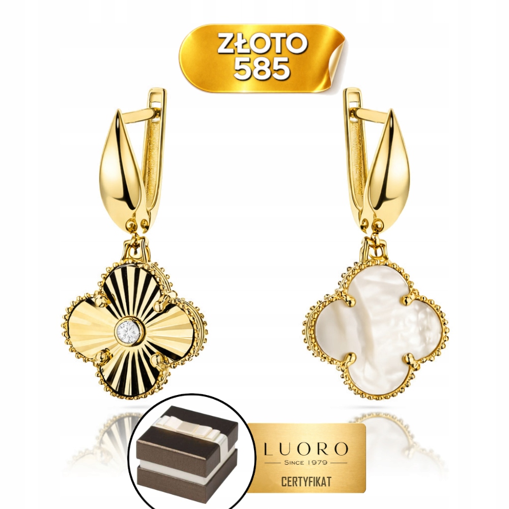 Náušnice Zlaté 585 14K Oboustranné Jetelky Perlová Hmota Zirkon 27 MM