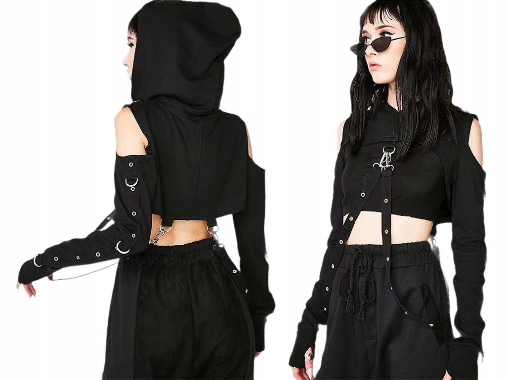 Stylová krátká mikina s odhalenými rameny a kovovými detaily – L