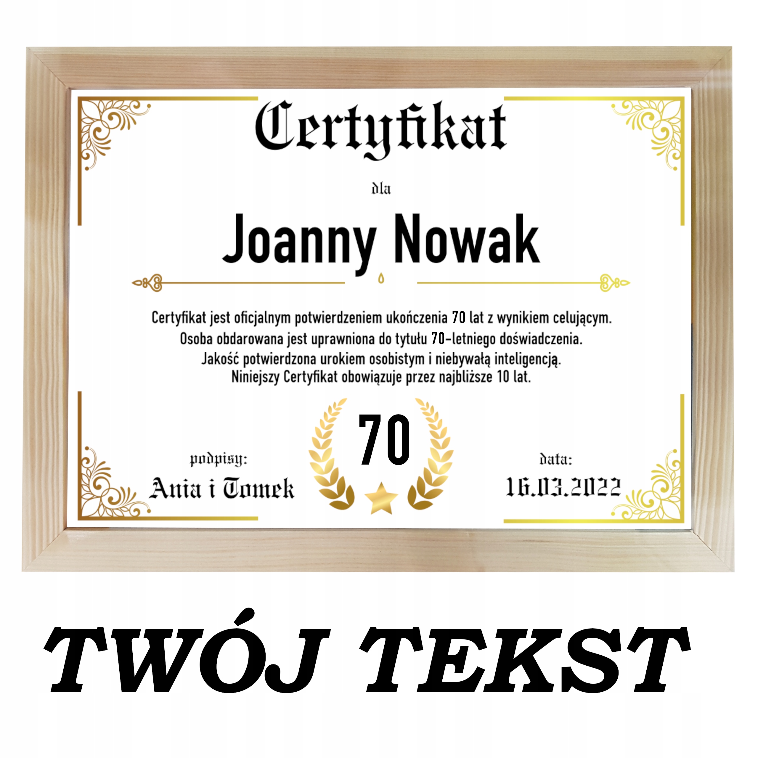 

Prezent na 70 urodziny Dyplom Certyfikat w ramce