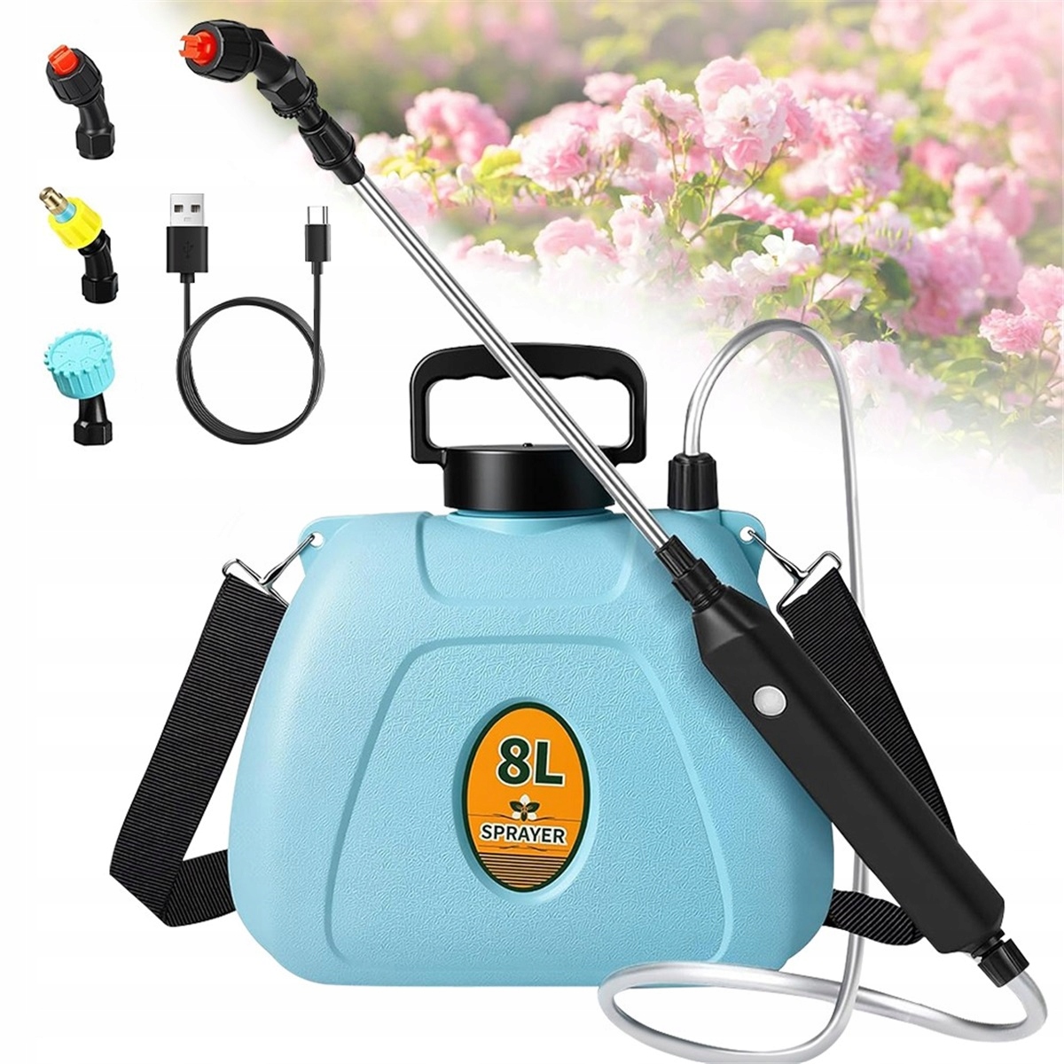 8L elektrický postřikovač se 3 tryskami, ergonomická rukojeť, akumulátor