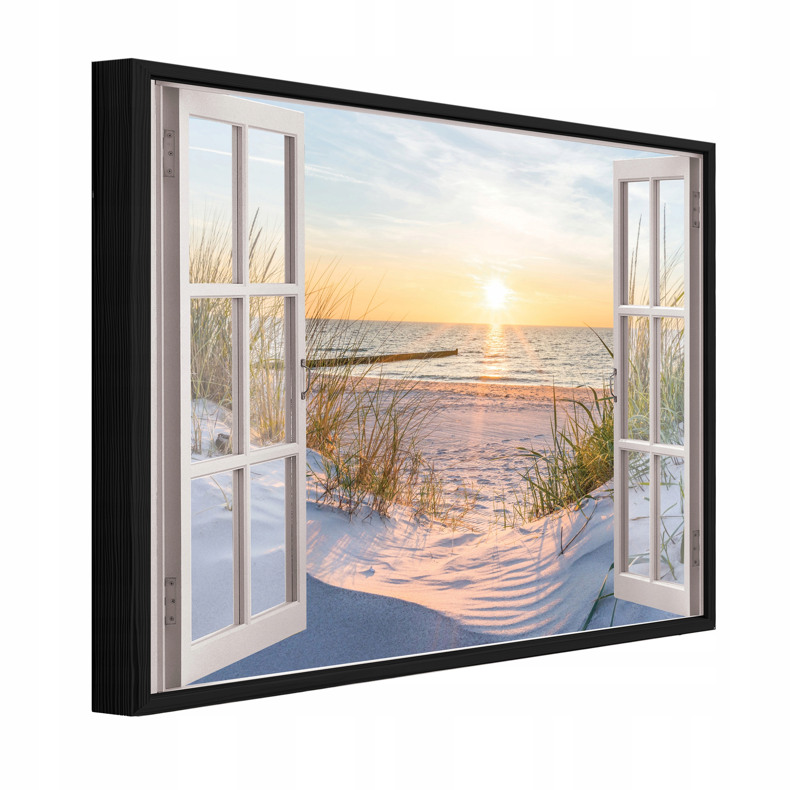 Obraz V Černém Rámu Na Plátně Okno 3D Pláž Moře Obývací Pokoj Ložnice 120x80