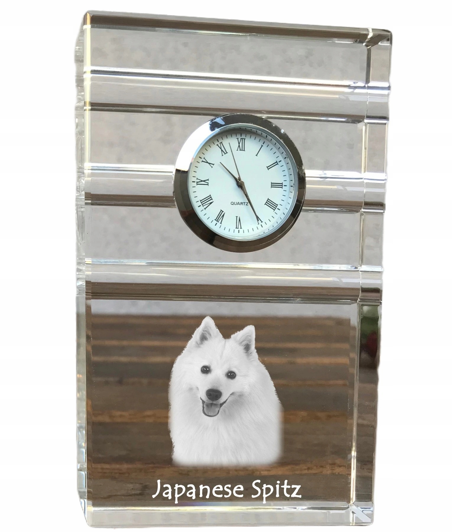 Japonský špic – krištáľové stolové hodinky so psom, s vašou fotografiou
