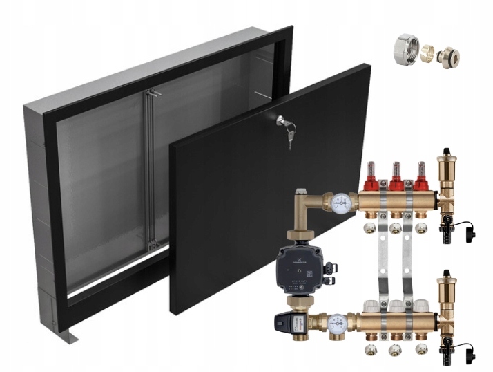 Rozdělovač pro podlahovku 3 s Pompou Grundfos+pex+podomítková Skříňka Černá