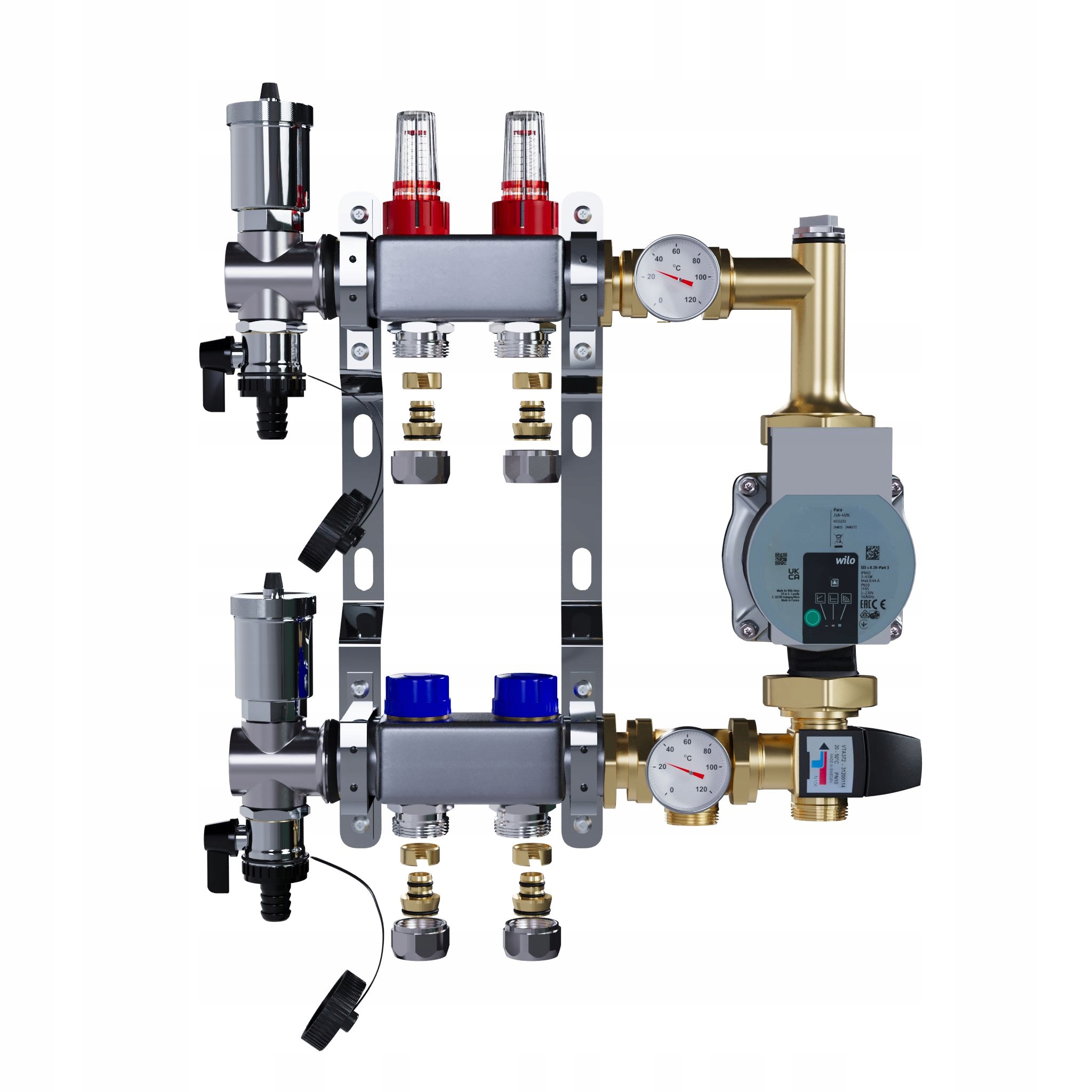 Rozdělovač pro podlahové vytápění 2 nerezové+SPOJKY Pex+pompa Wilo
