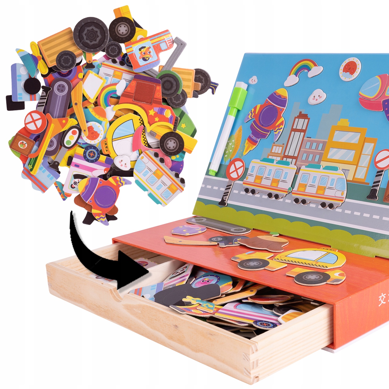 EDUKACYJNE PUZZLE MAGNETYCZNE POJAZDY MONTESSORI Szerokość produktu 30 cm