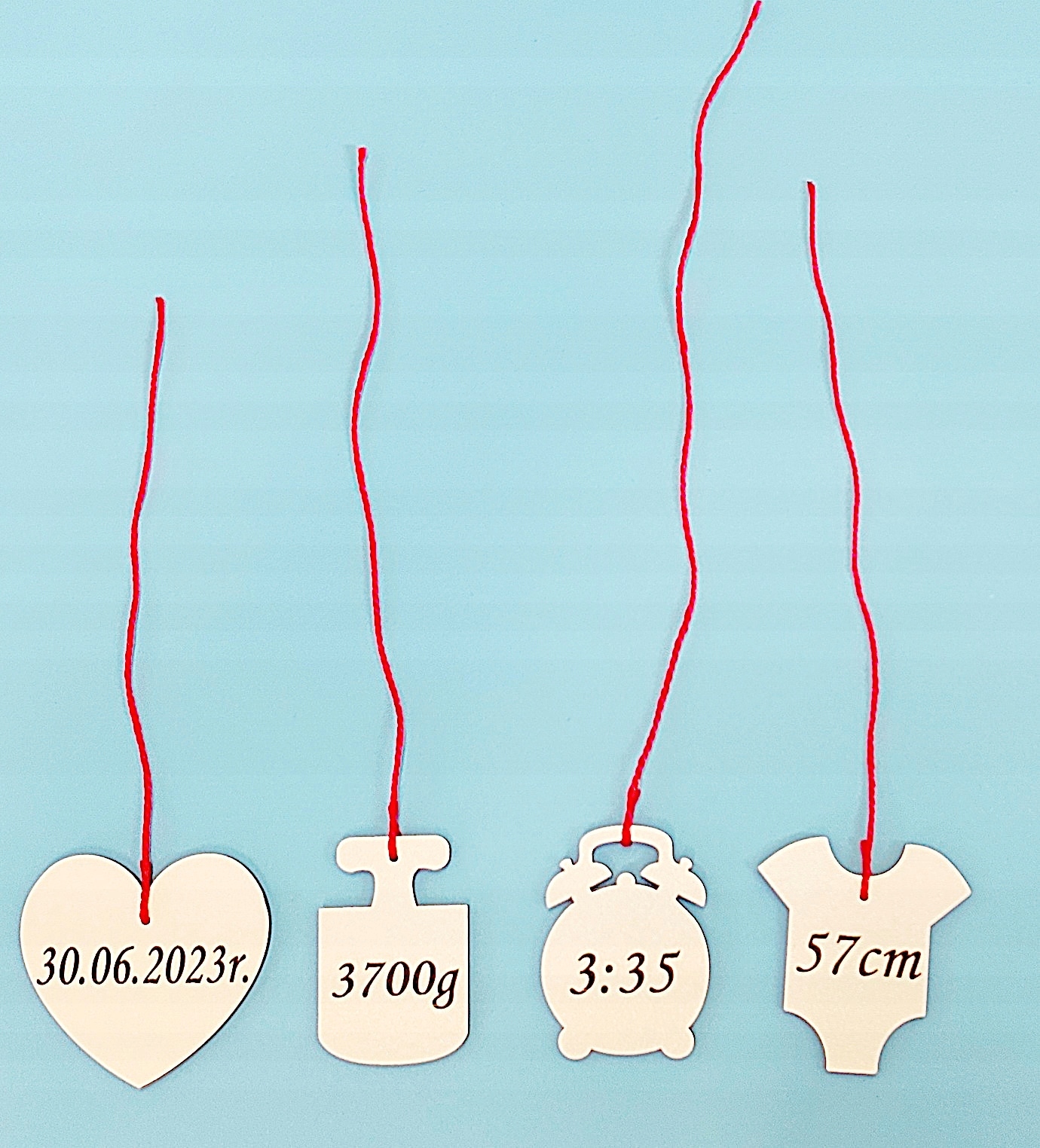 Metryczka do lampki nocnej - data godz waga wzrost białe + sznurek Kolor biały