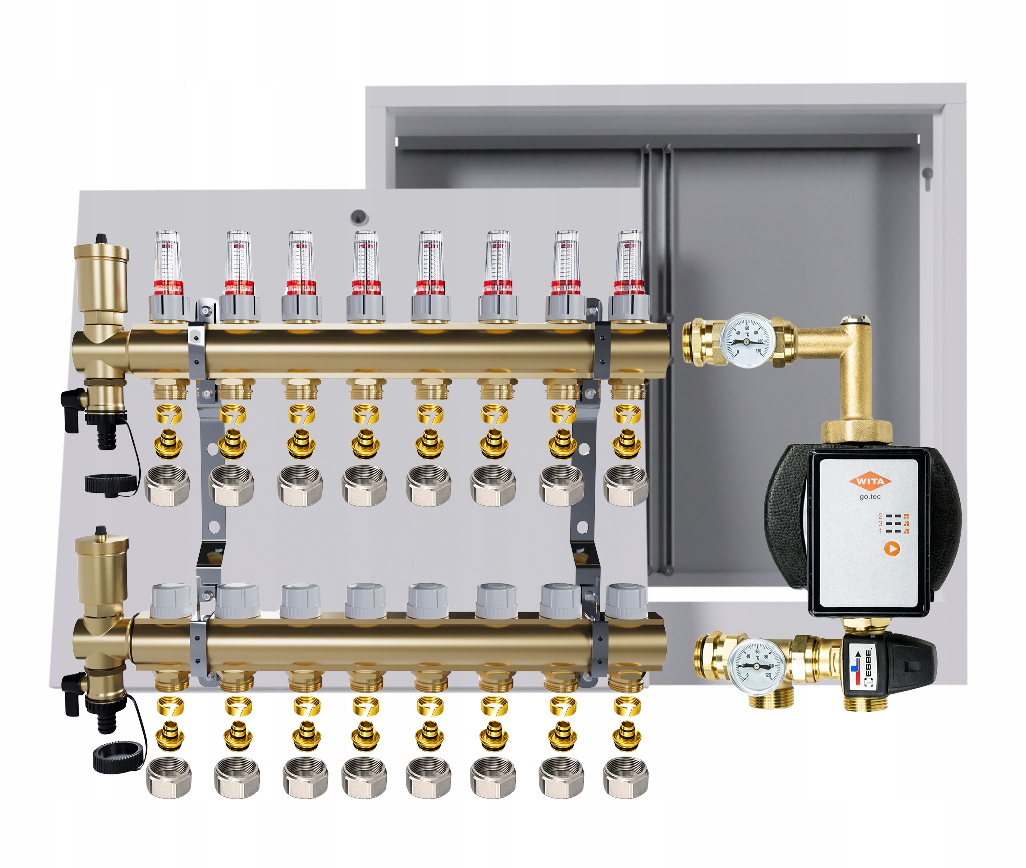 Rozdeľovač na podlahu 8 obvodov Nástenná skrinka Čerpadlo Vita Pex