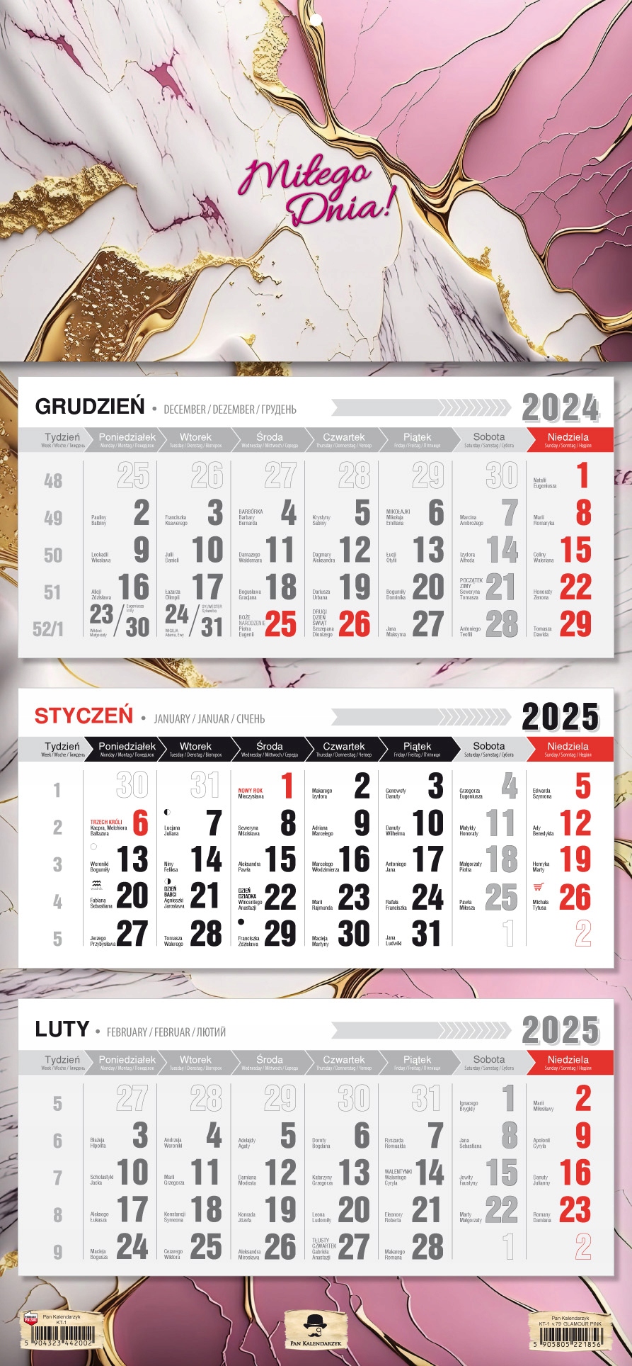 Kalendarz ścienny TRÓJDZIELNY 2025 GLAMOUR PINK