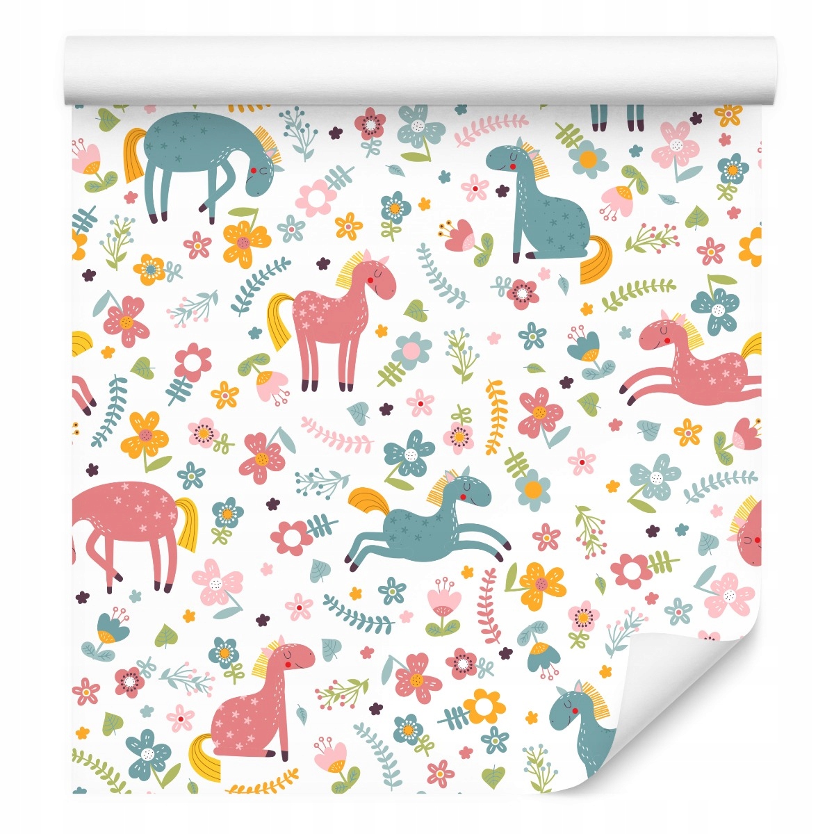 Dětská barevná tapeta Pohádkové koně rostliny