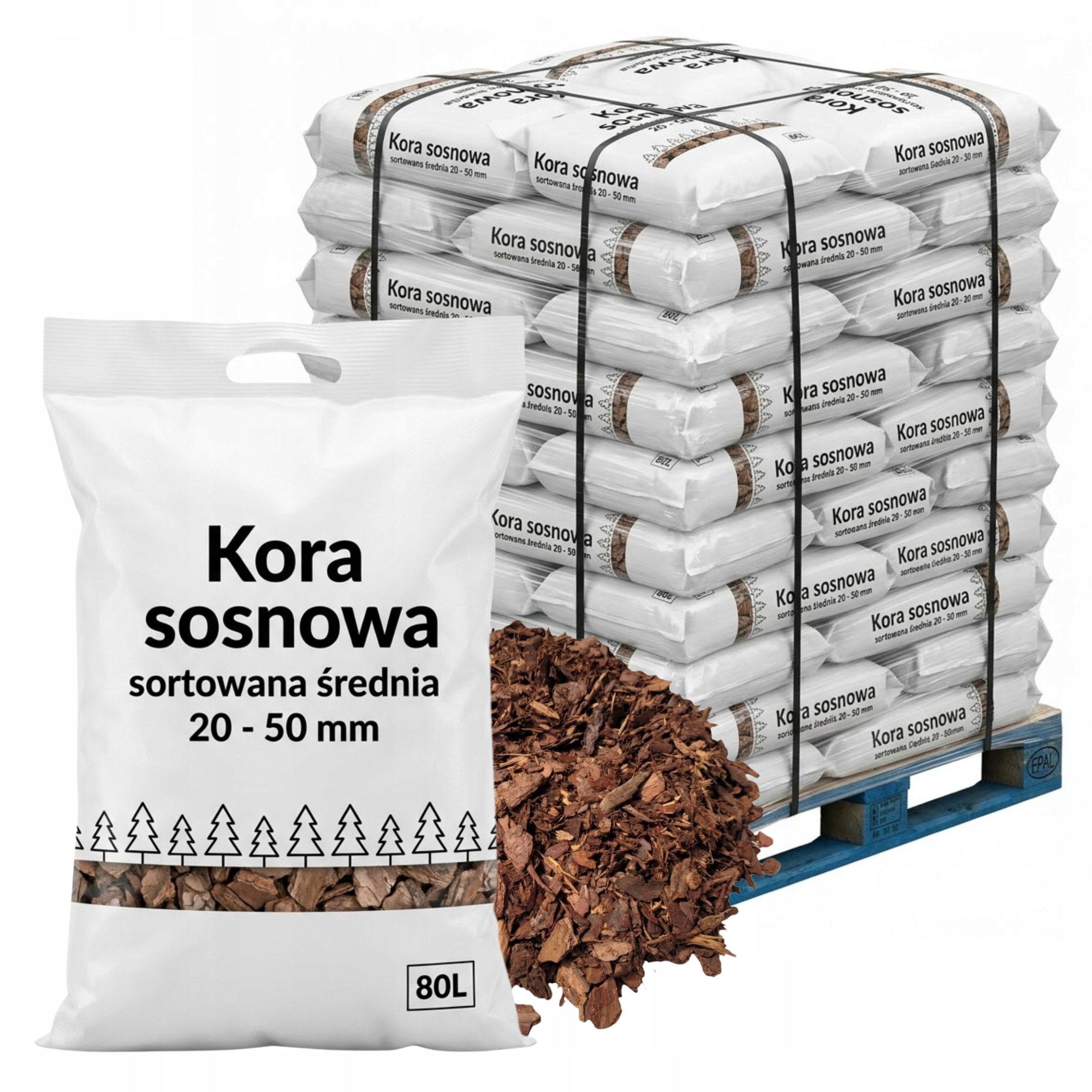 Kora Sosnowa Średnia 20-50mm 42 x 80L Sortowana Ściółkowa Ozdobna Paleta