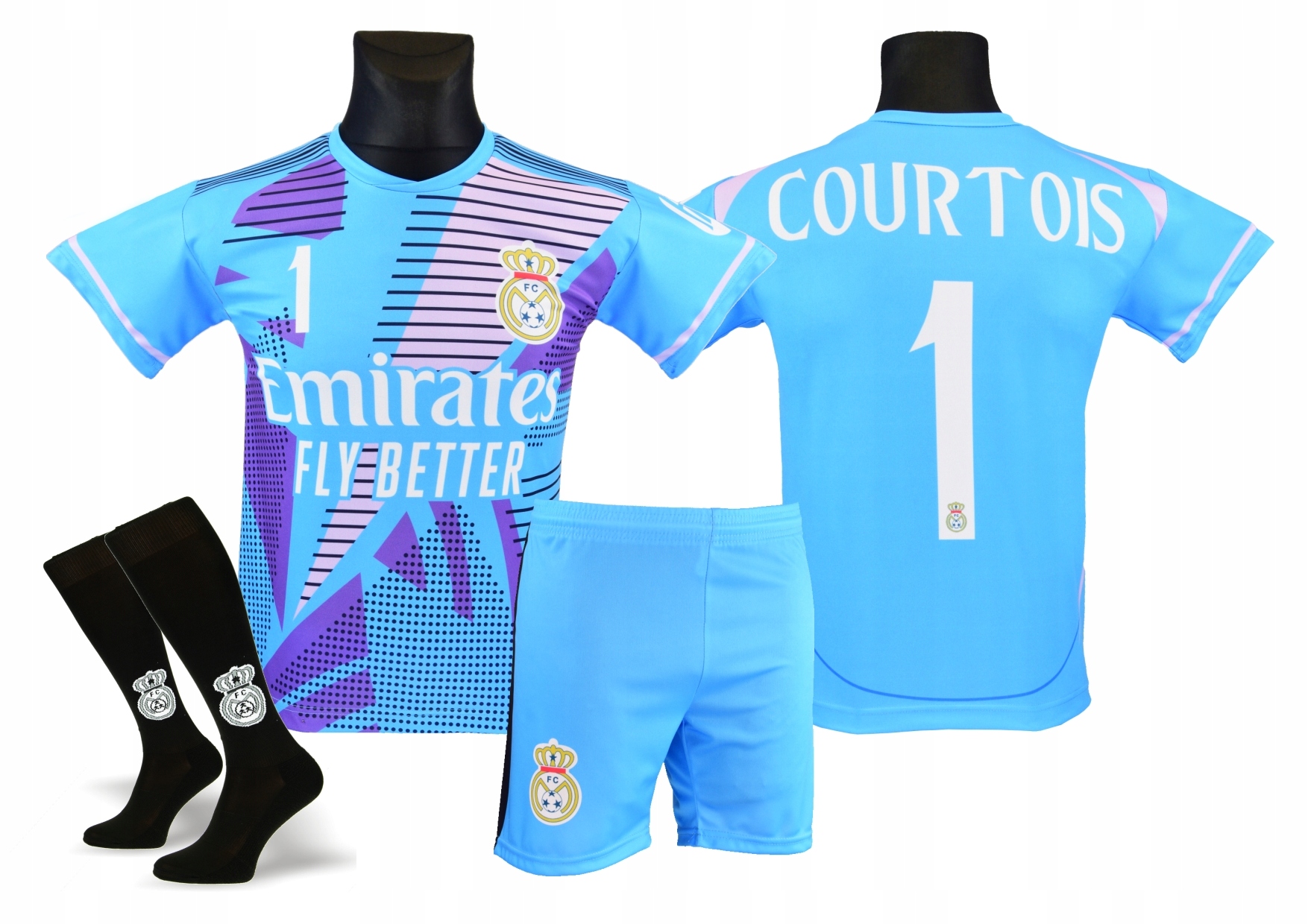 Courtois strój piłkarski sportowy koszulka spodenki getry rozmiar 122