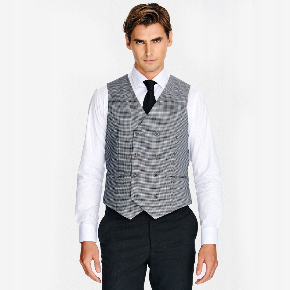 Pánská vesta v šedé barvě s motivem pepitky Pako Lorente vel 58