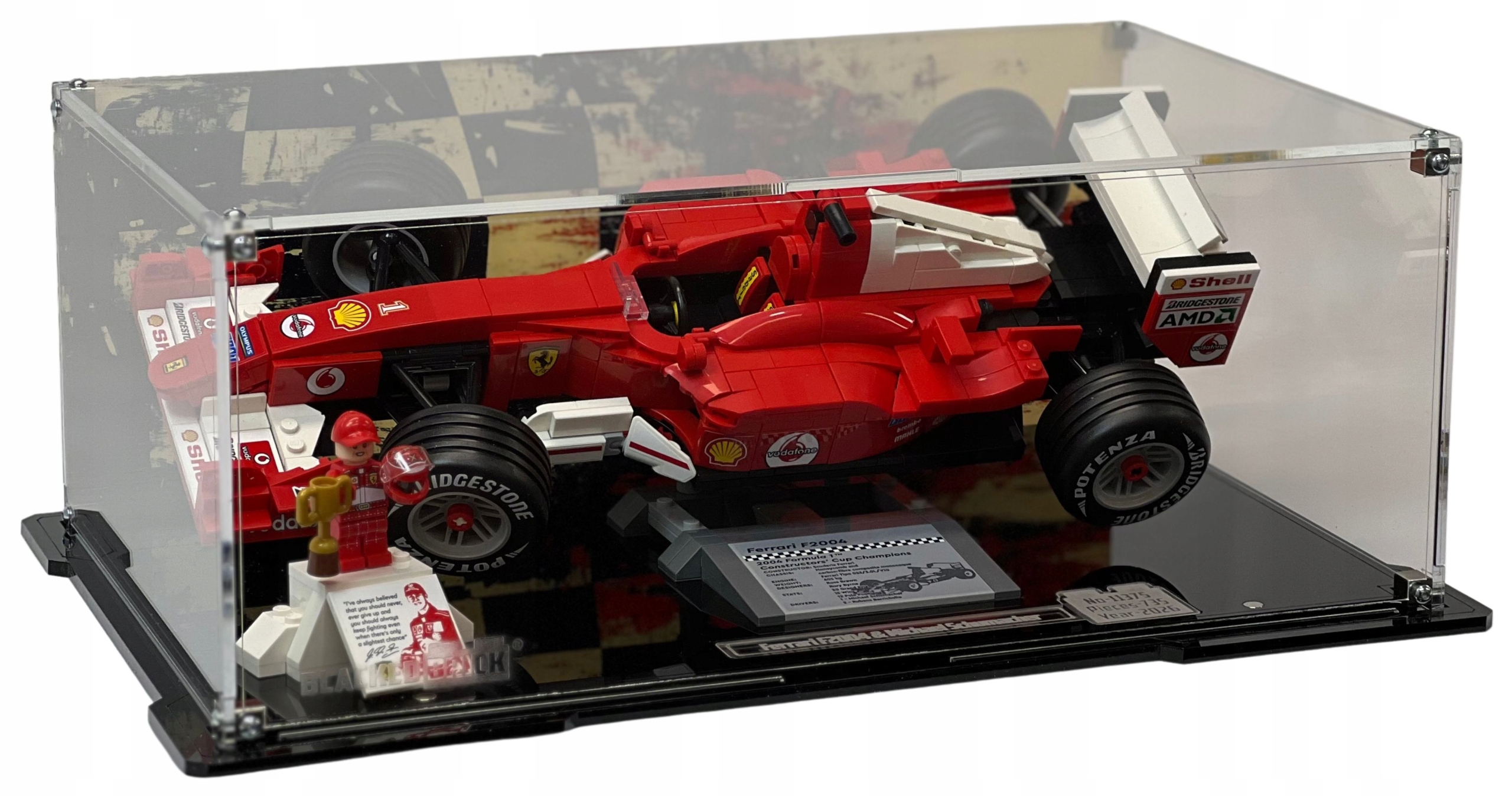 Vitrína s pozadím Blacked Brick pre Lego 11375 Icons Ferrari F2004 a Schumacher