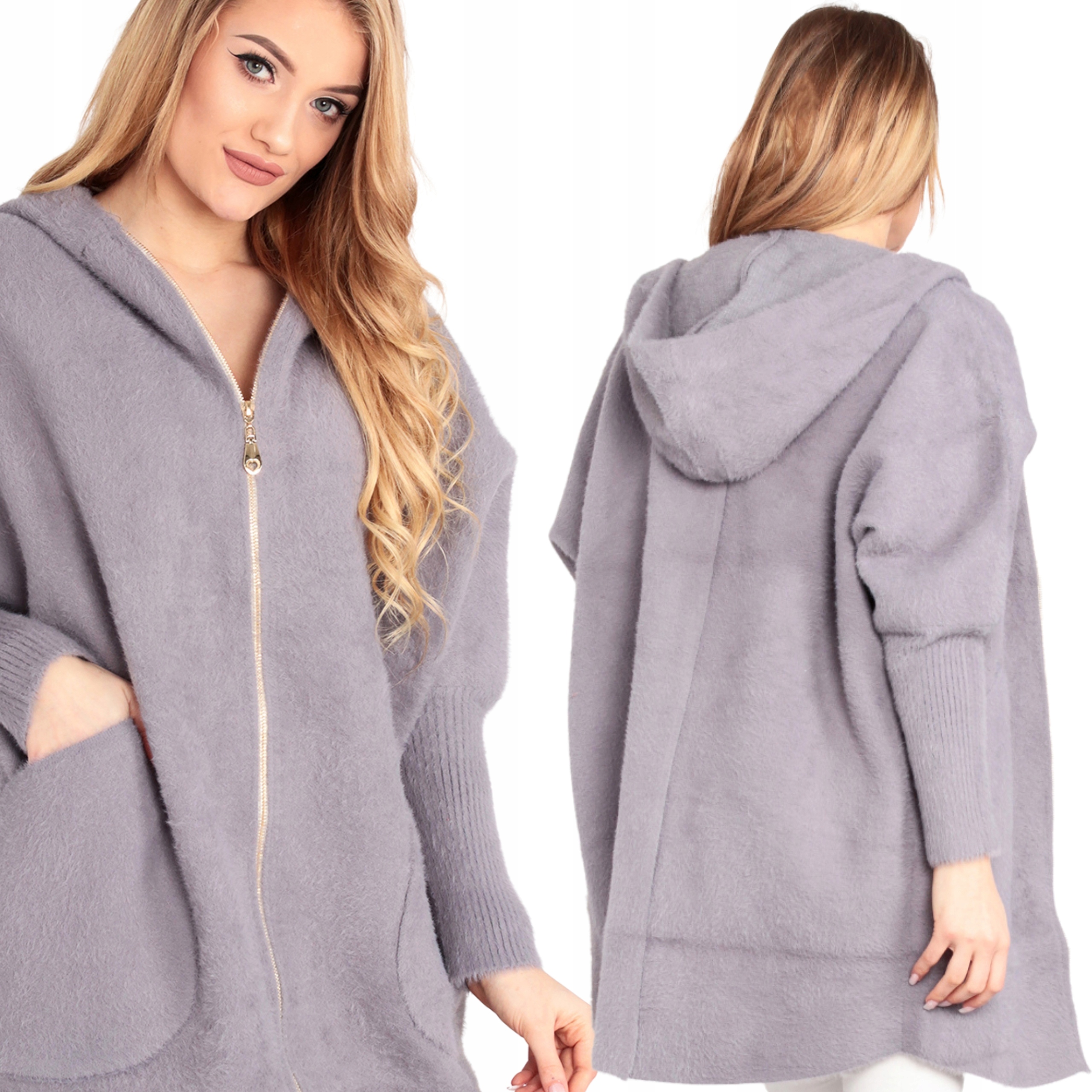 Alpaka Damska Płaszcz Kurtka Sweter Ciepła Długa Kaptur Suwak Szary 2022