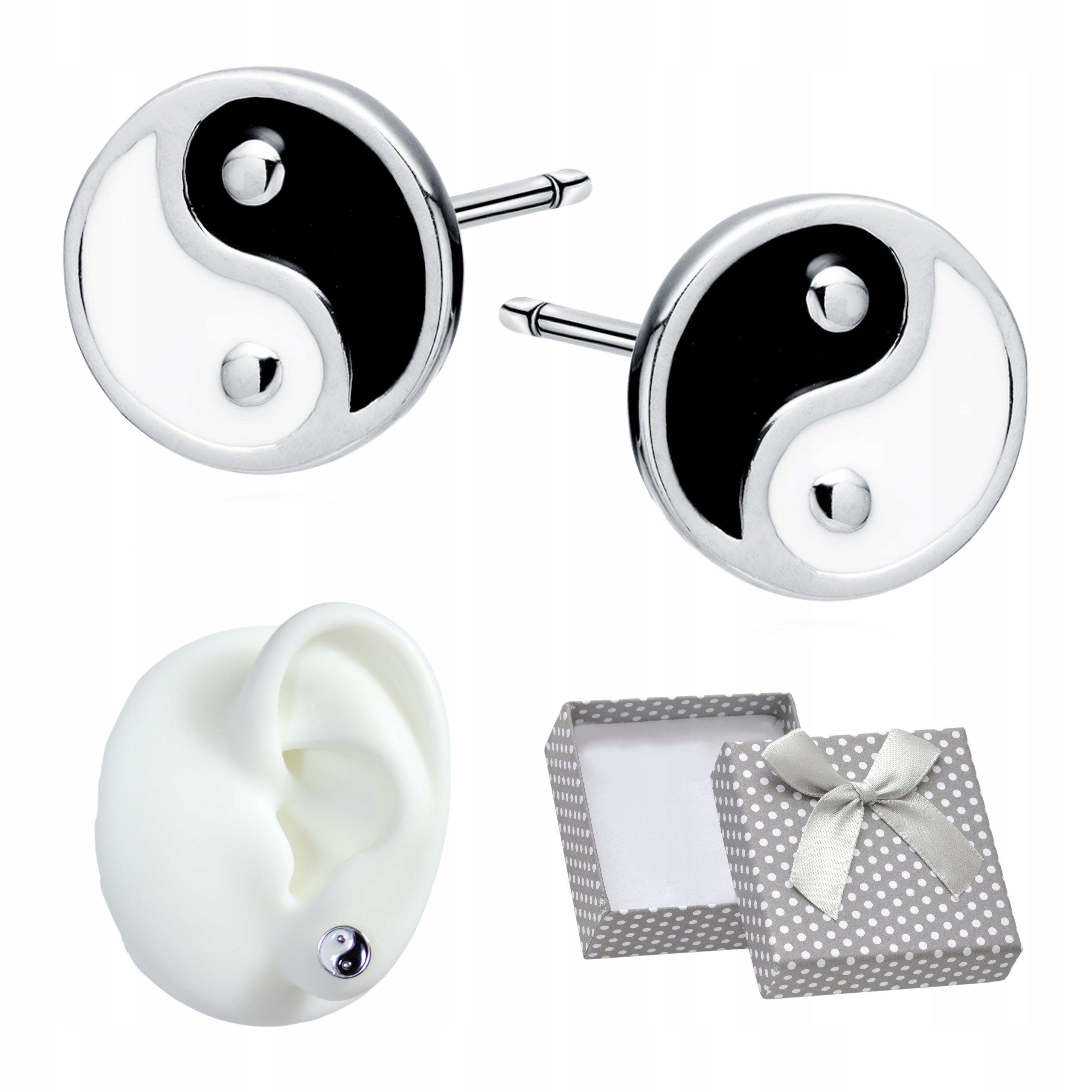 Kolczyki Srebrne pr 925 Rodowane Czarne Emaliowane Kółka Sztyfty Yin-yang