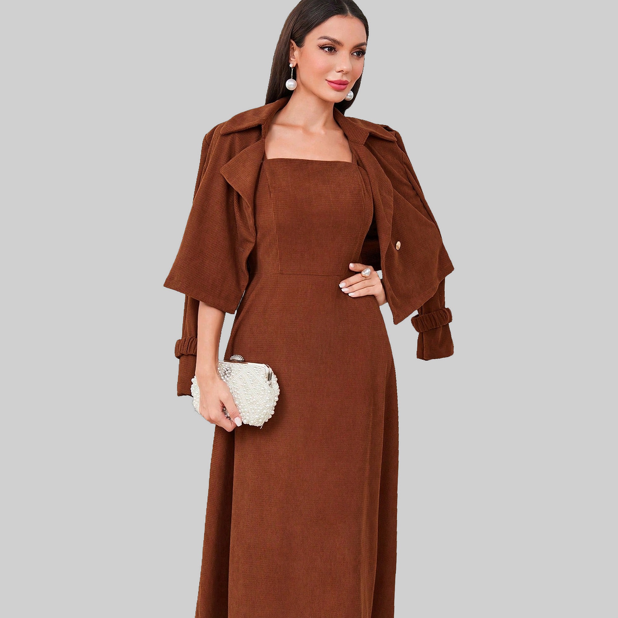 Šaty Elegantní na ramínka hnědá bundička Shein M 38