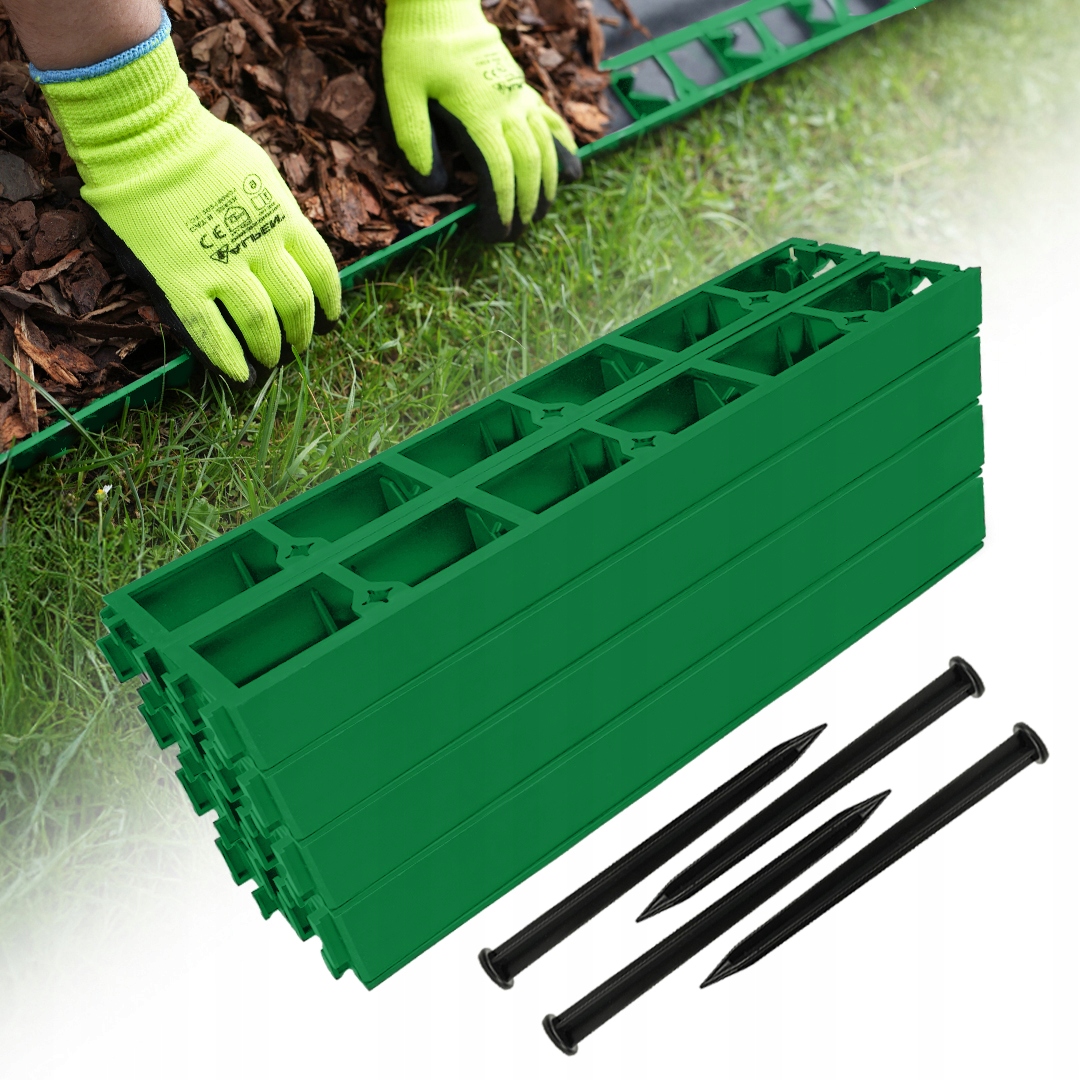 Zahradní Lem 20 m zelený 4,5 cm trávníkový border plast kotvy 80 ks