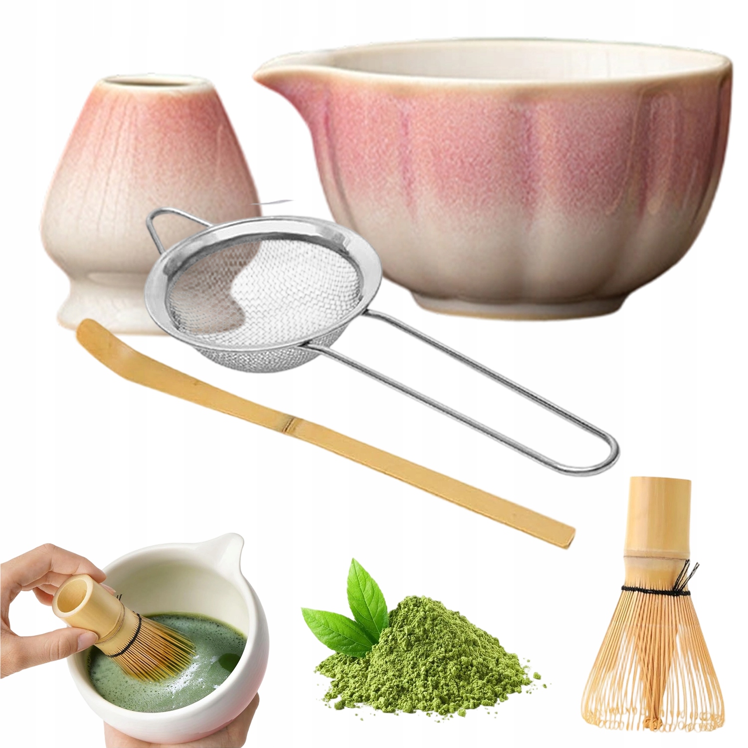 Levně Kompletní Tradiční Sada Na Matcha: Keramická Miska, Metlička, Lžička, Sítko