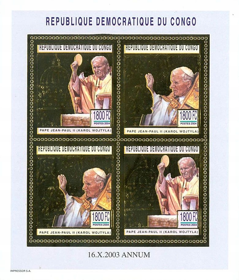 PAPIEŻ JAN PAWEŁ II KONGO 2004 ROK 8 BLOKÓW ZŁOTYCH
