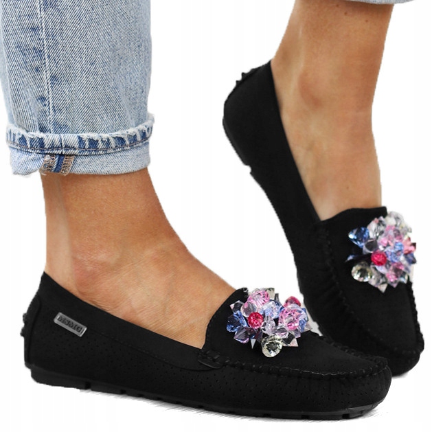 Czarne mokasyny zamsz ażurowe kamienie HH707 r.38